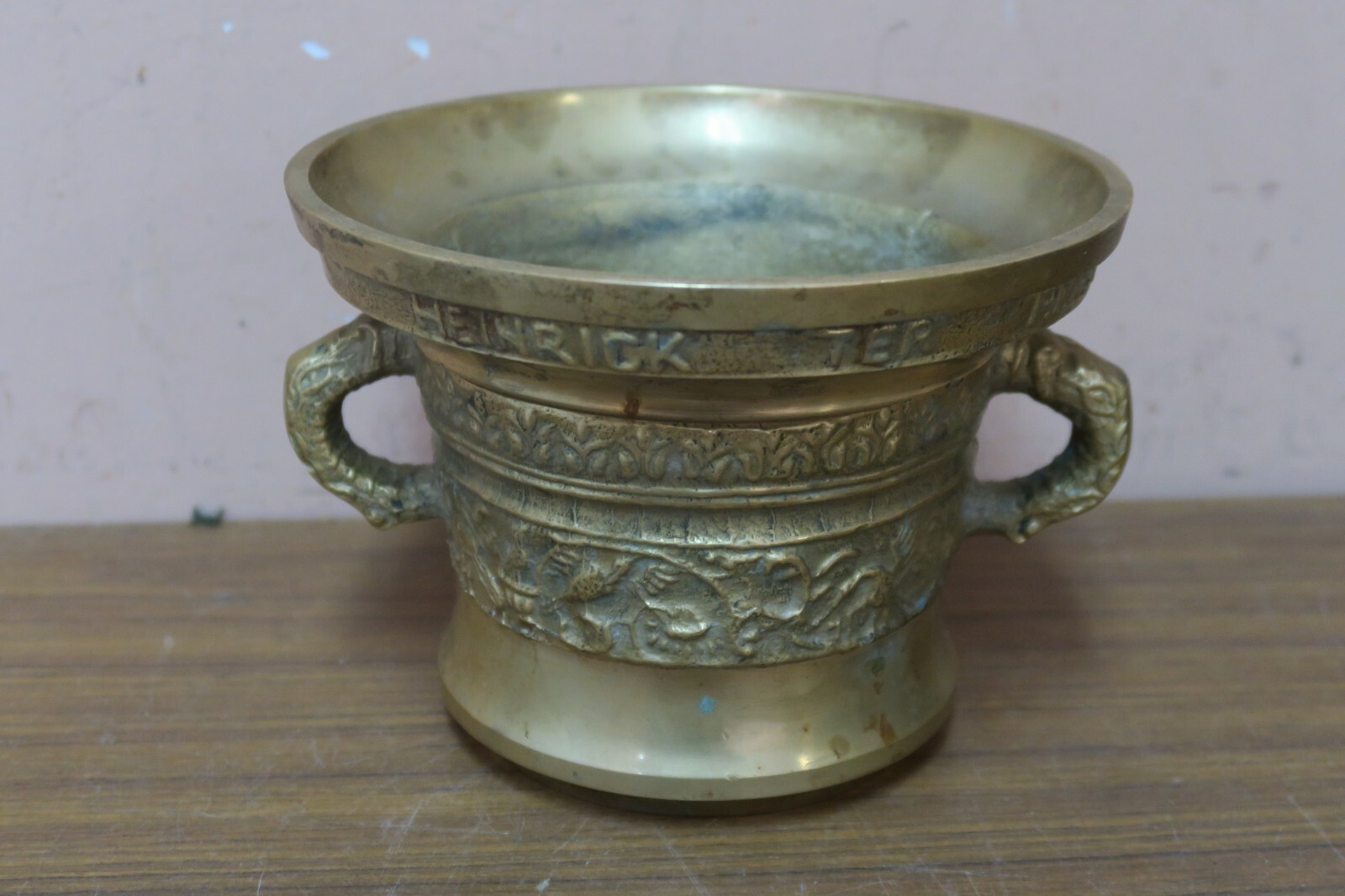 Vintage Heavy 7″ Bronze Mortar & Pestle Reproduction of Heinrick ter Herst 1607