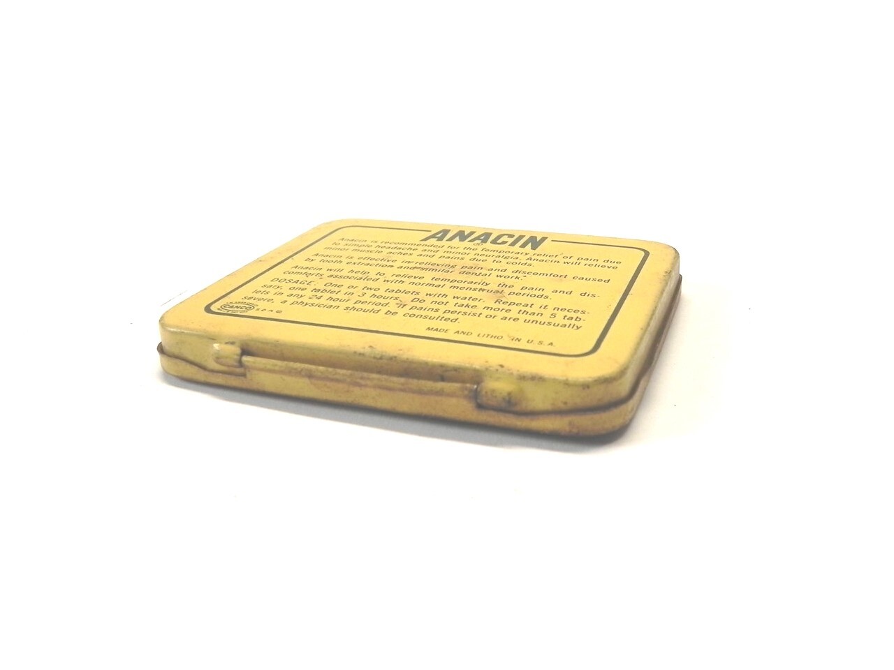VINTAGE WHITEHALL PHARMACAL CO. ANACIN TABLETS YELLOW EMPTY TIN NO TABLETS USED