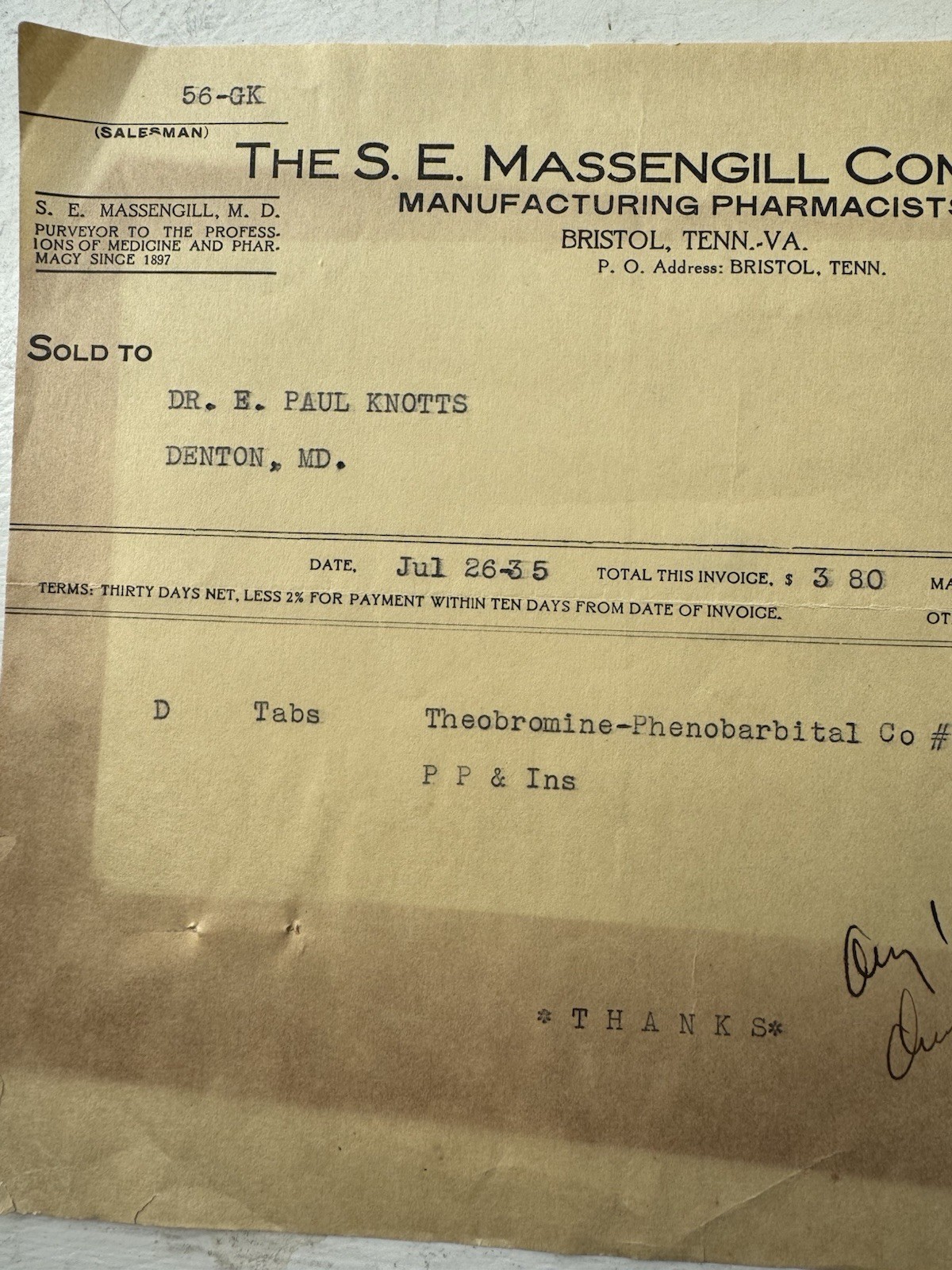Vintage 1935 S E Massengill Pharmaceutical Invoice Bristol TN Phenobarbital Etc