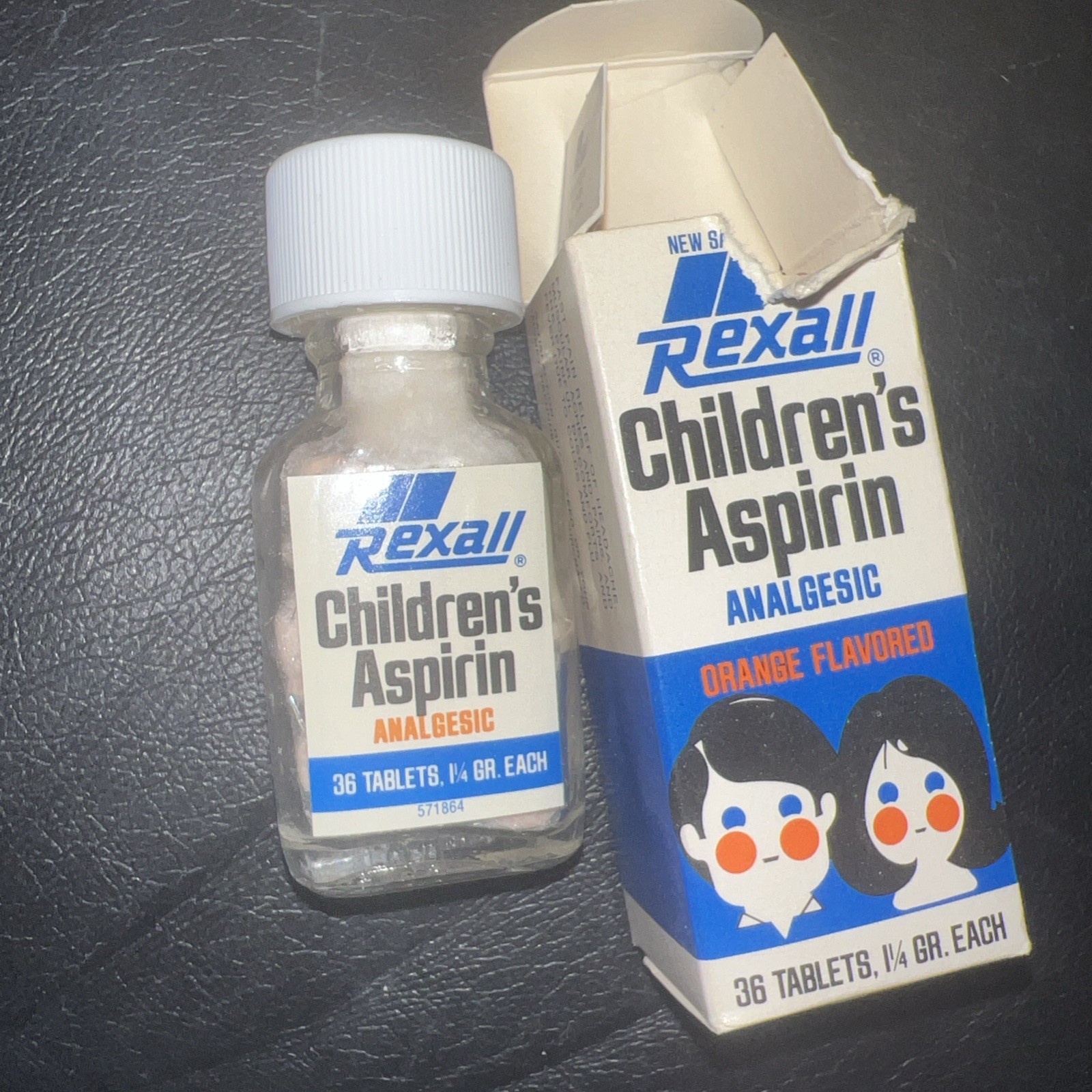 RARE Vintage Rexall Children’s Aspirin Bottle Orange Flavor 36 Tablets FULL