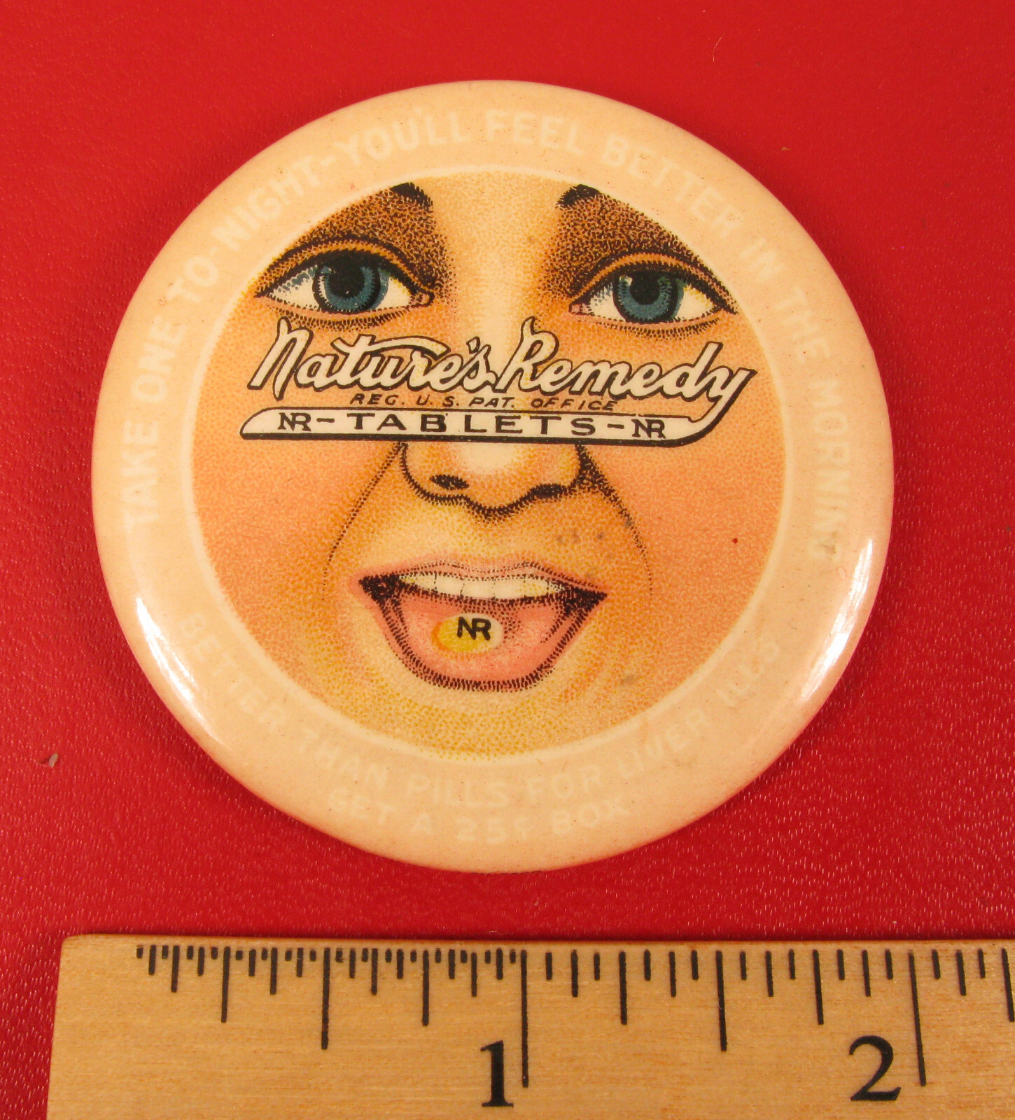 ANTIQUE WOMENS COMPACT MIRROR CELLULOID ADVERTISING DRUGS NATURES REMEDY NR PILL