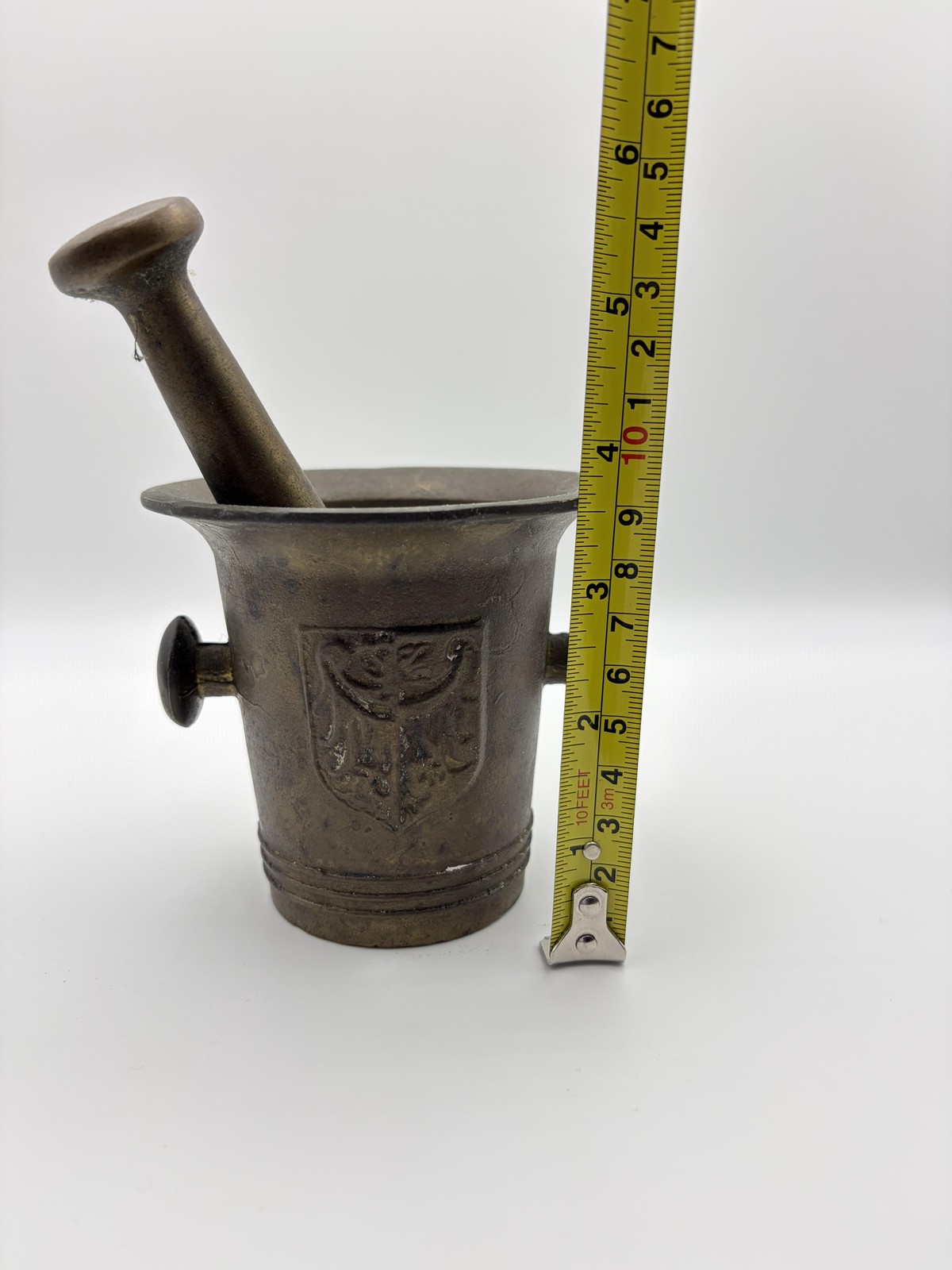 Brass Mortar and Pestle Apothecary Herb Spice Grinder Embossed Eagle Crest