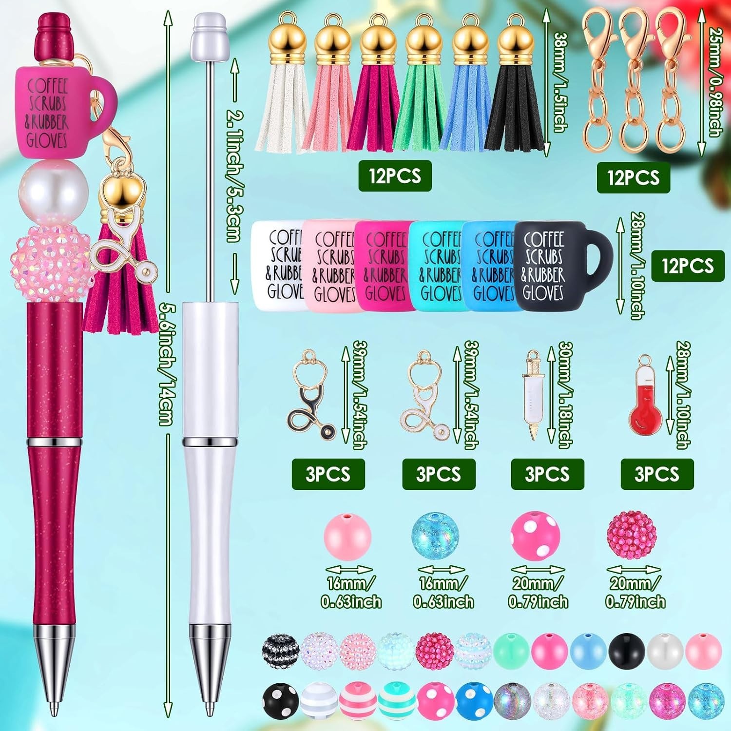 Quality Nurse Beadable Pens Gift Set – 12 Pcs with 50 Beads & Assorted Charms