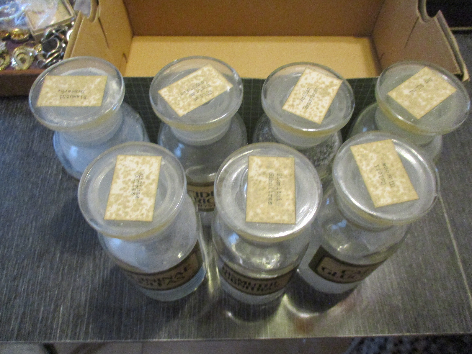 7 Antique Apothecary Jar Drug Store Medicine Chemistry Stopper Bottles Label TCW