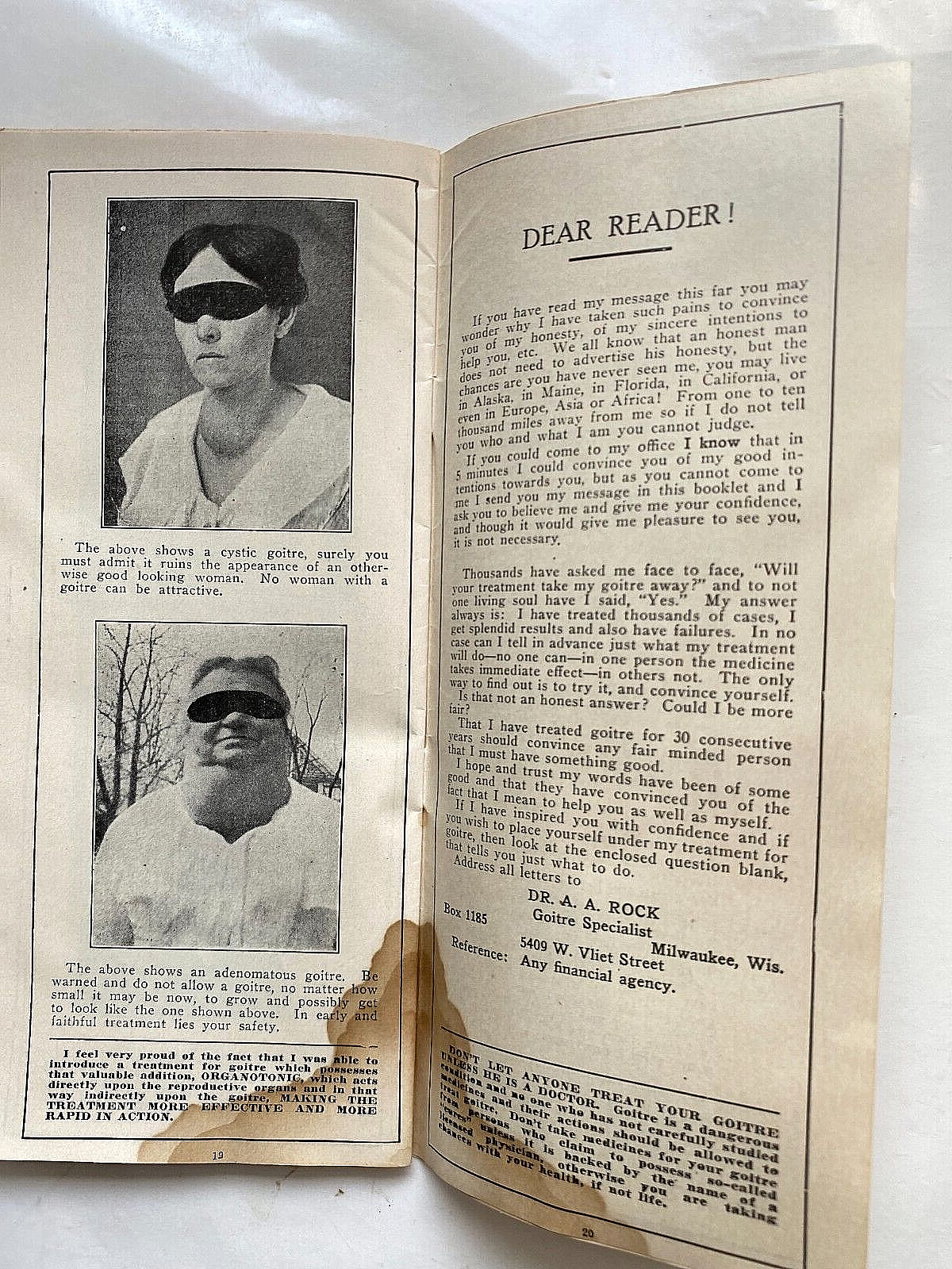 1932 Sales Literature for Goitre Cure. Dr. Arthur Rock, Milwaukee, Wisconsin.