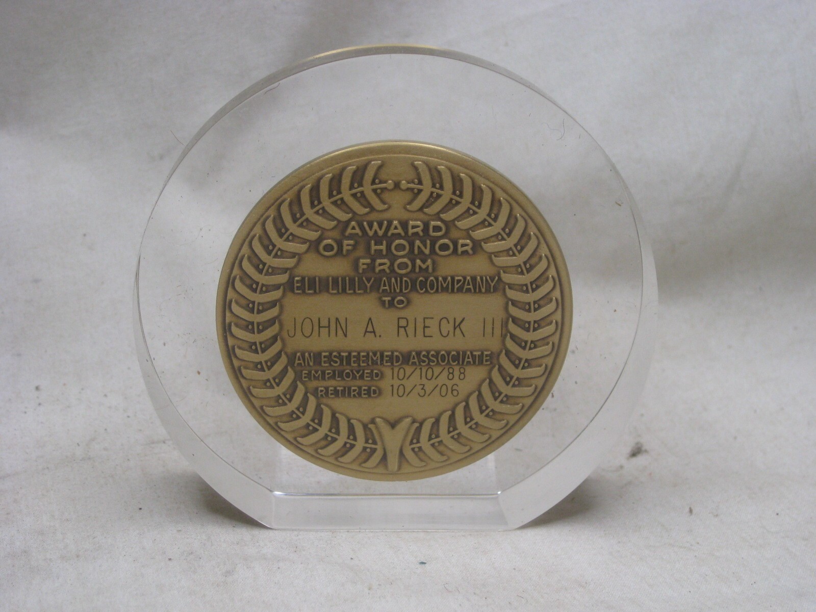 vintage Lilly Award Honor paperweight Eli Pharmaceutical pharma * personalized
