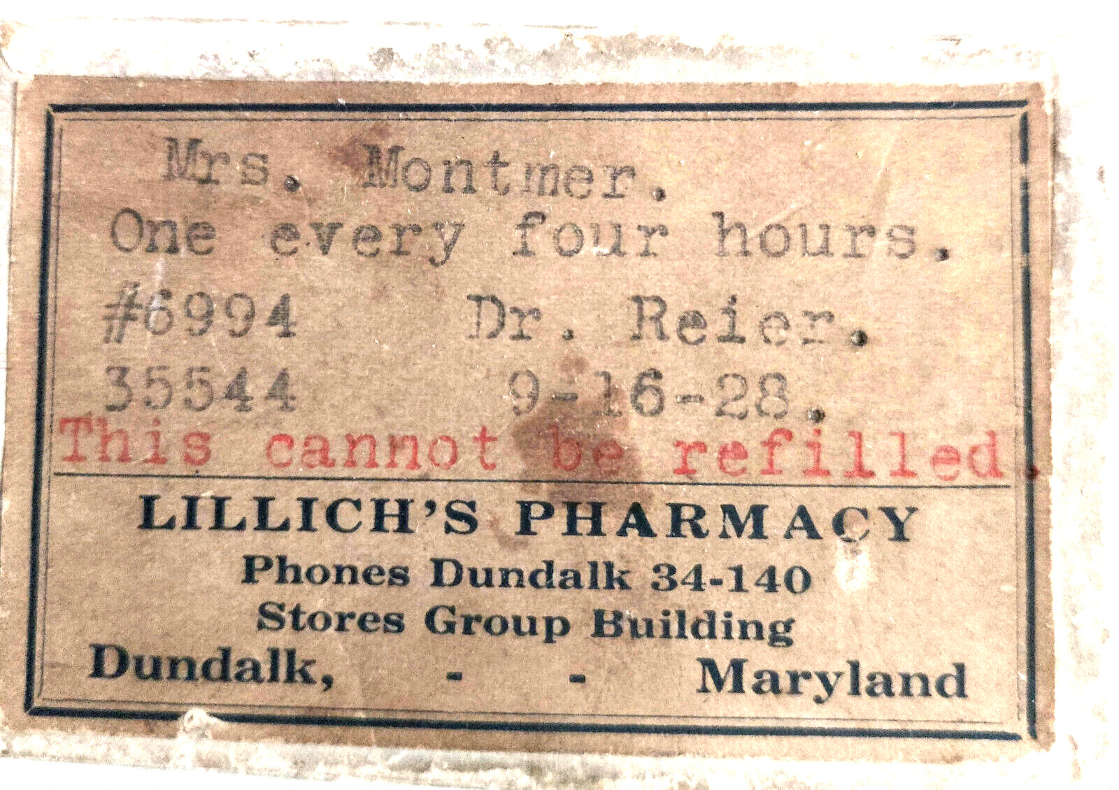 Antique 1928 Prescription Box Lillichs’s Pharmacy Dundalk,Maryland