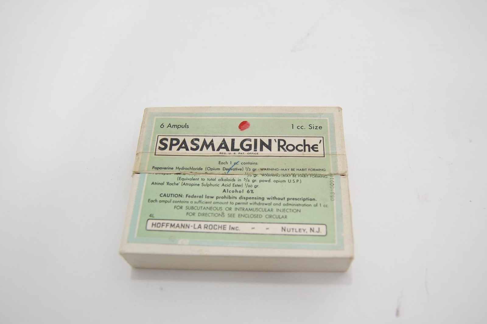 VTG EMPTY Hoffman-La Roche Spasmalgin Ampuls 1cc Glass Vial Medical Poison + Box