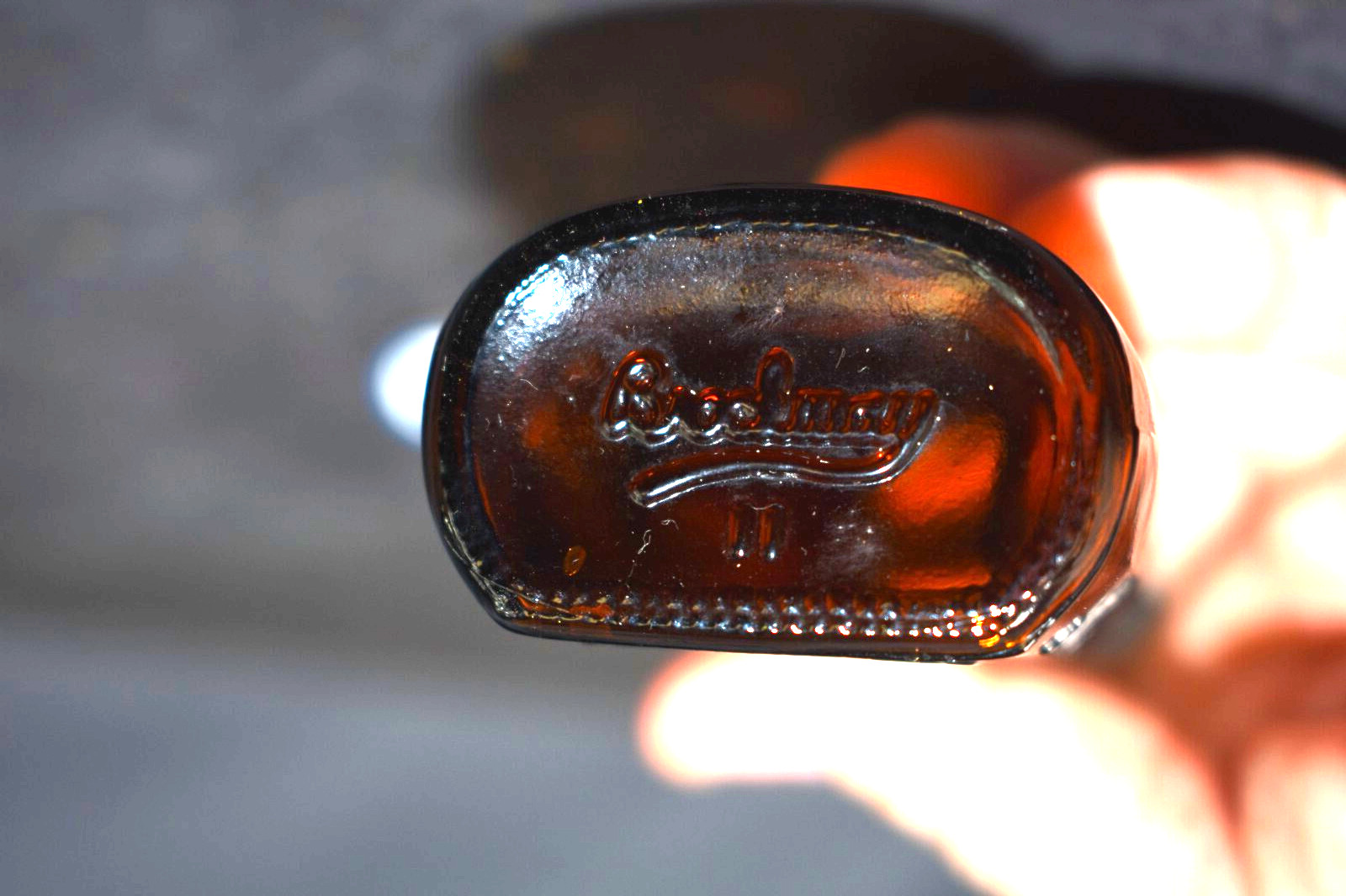 Vintage Medicine Bottle, Amber Glass, Sani-Glass with Black Lid, 4″ Tall