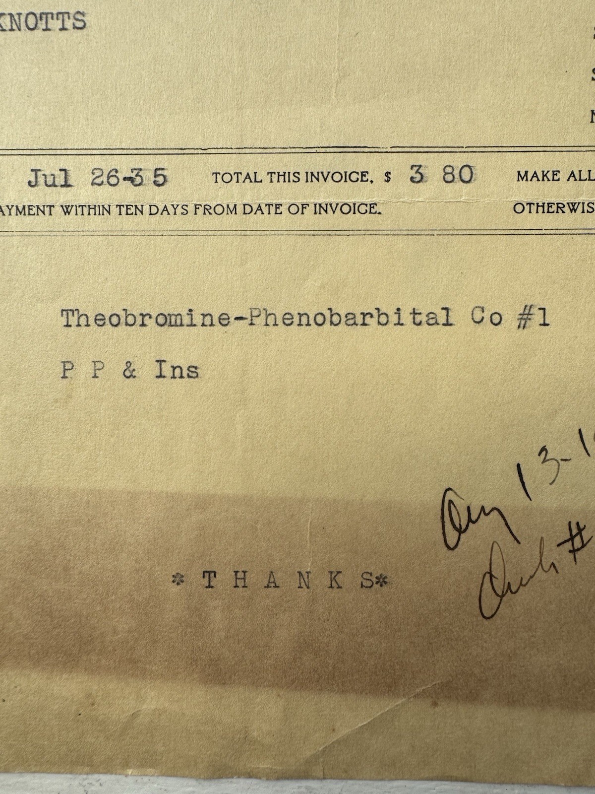 Vintage 1935 S E Massengill Pharmaceutical Invoice Bristol TN Phenobarbital Etc