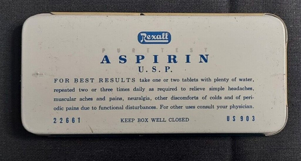 Old EMPTY Advertising Puretest Aspirin United Rexall Drug Co Los Angeles Boston