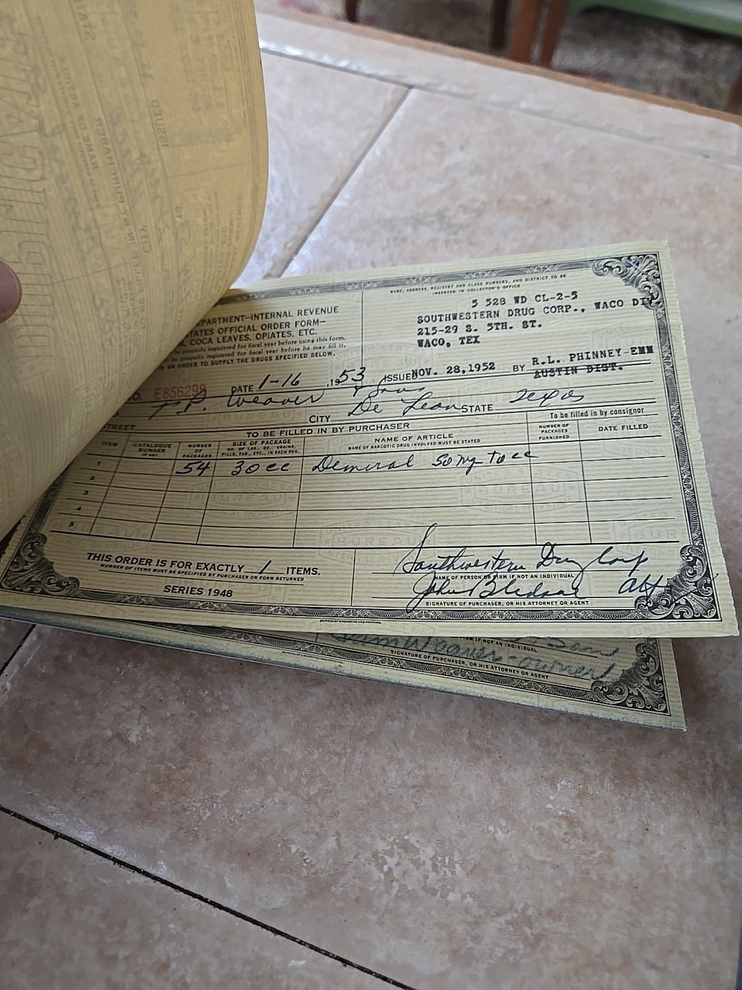 US INTERNAL REVENUE 1948 OPIUM ETC FORMS BOOKLET COMPLETE +1 EXC. COND. TEXAS