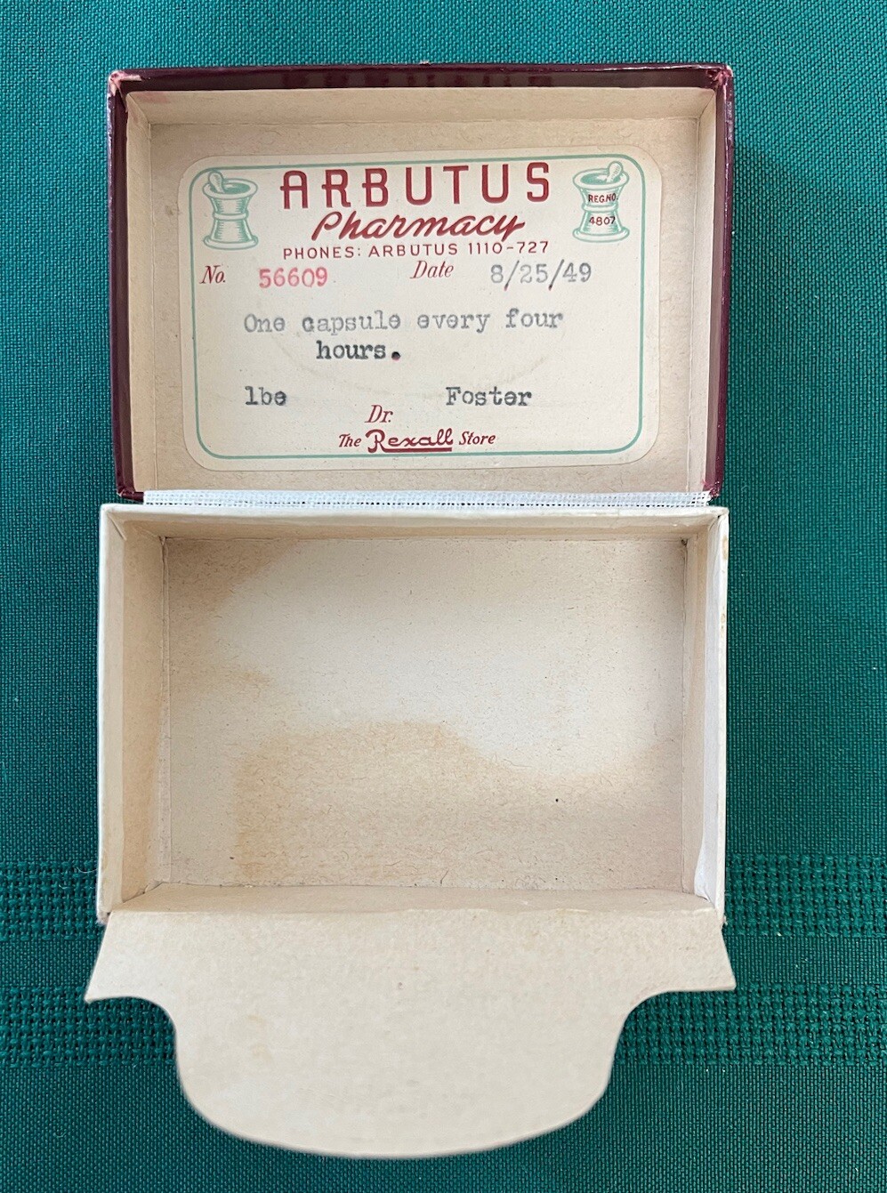 Vintage 1949 Prescription Medicine Box Arbutus Pharmacy Drug Store Maryland