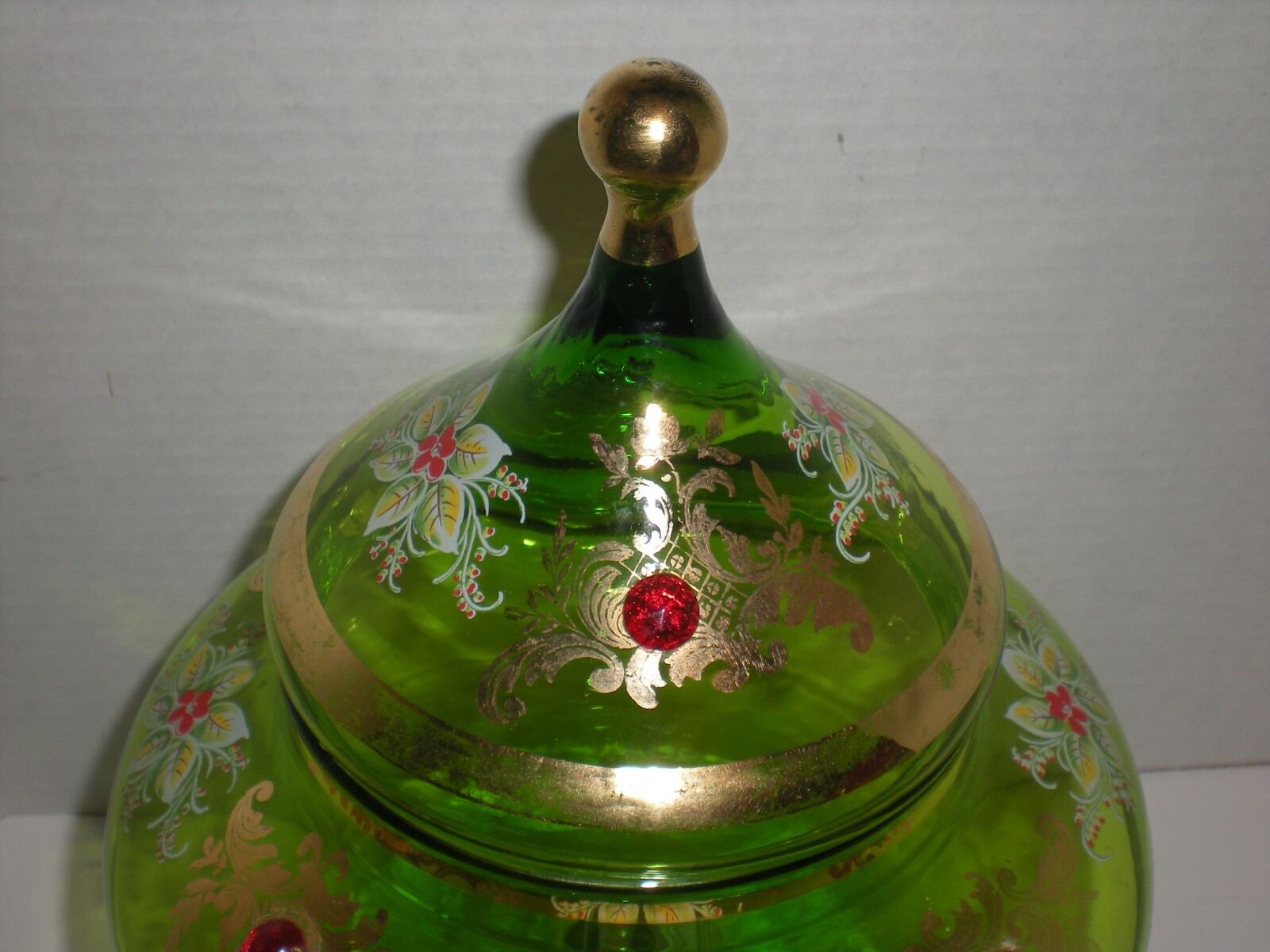 12″ Green Apothecary Jar Canister Circus Tent Lid Vtg Hand Blown Xmas Poinsettia