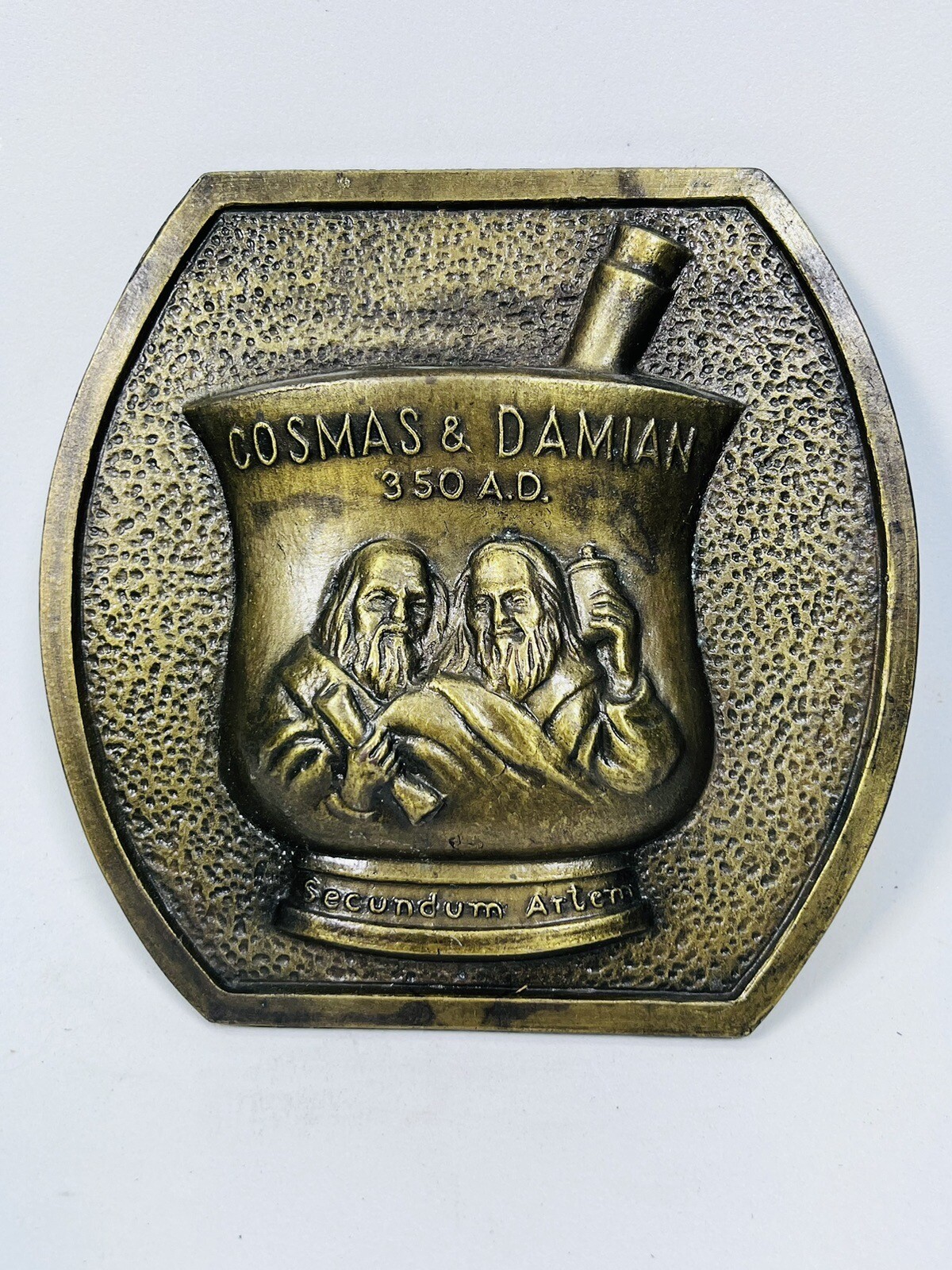 Cosmas & Damian 350 AD Secundum Artem RX Brass Plaque 1980 Promo Pharmaceutical