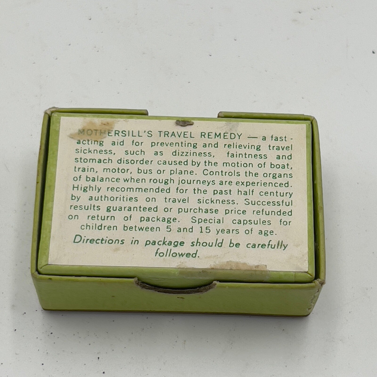 Vintage MOTHERSILL’S Seasick Remedy for adults Medicine box 1930’s