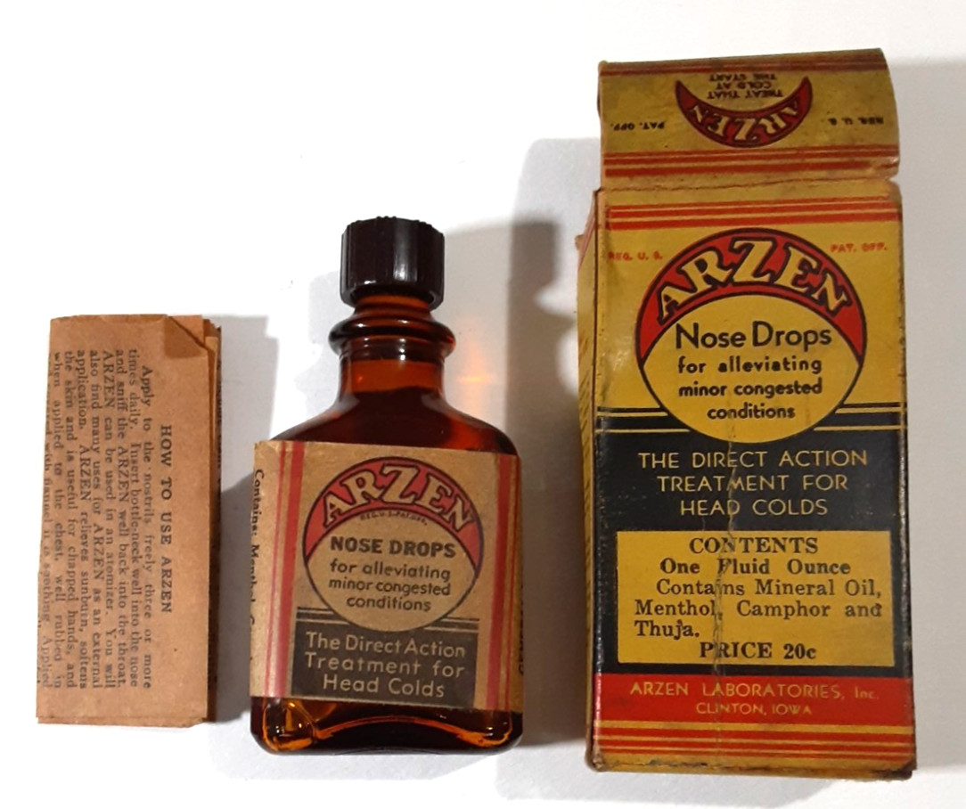 Vintage 1939 ARZEN NOSE DROPS Never-Used BOTTLE & BOX~Laboratories, CLINTON, IA.