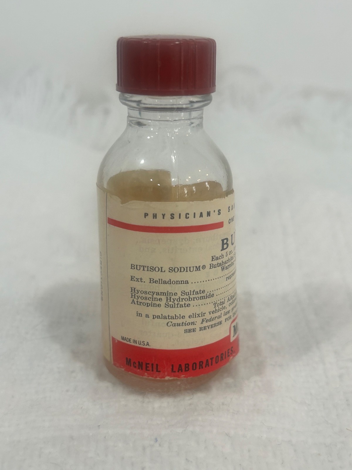 McNeil Butibel Elixir EMPTY VTG Butabarbital Medicine Sample Bottle RARE Pharma