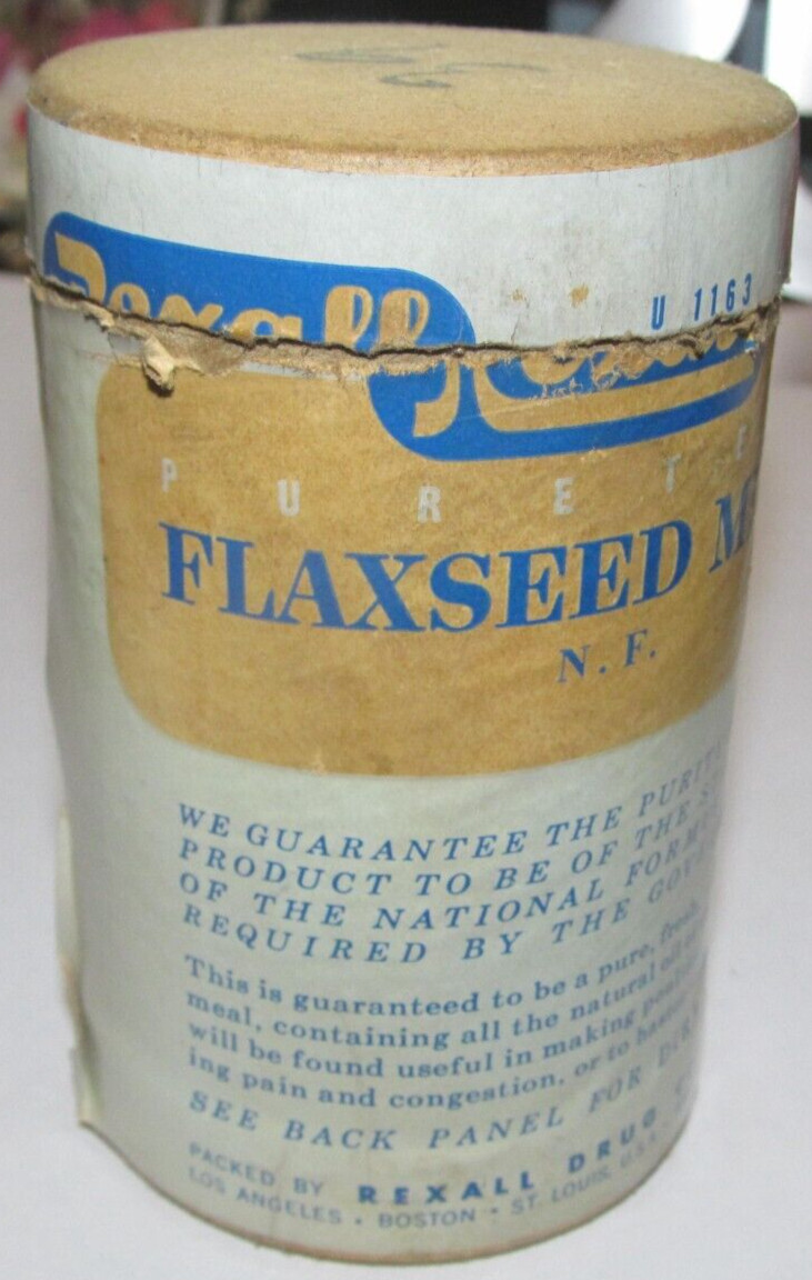 Vintage Rexall Cardboard Container Paper Label Flexseed Meal Medical Doctor