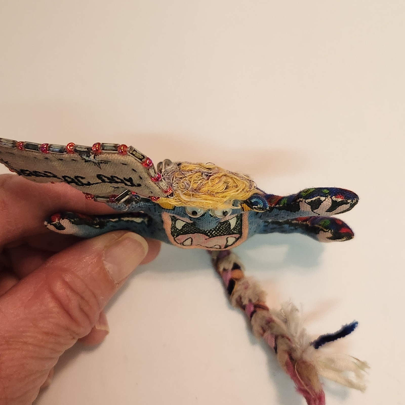 Vintage Hand Made ” Prozac Day ” Cloth Stuffed Goblin Monster Googley Eyes Pin