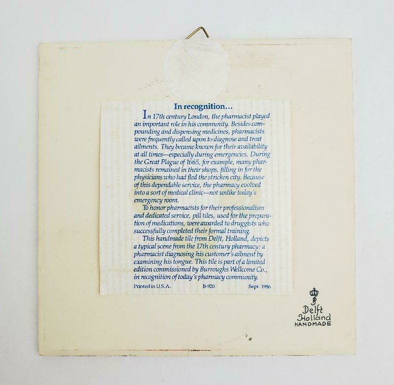 Burroughs Wellcome – Delft Holland Handmade Tile Pharmacist Recognition 1986