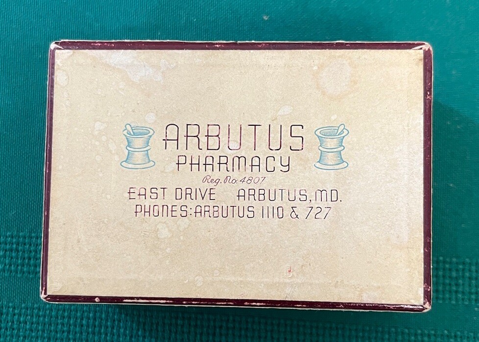 Vintage 1949 Prescription Medicine Box Arbutus Pharmacy Drug Store Maryland