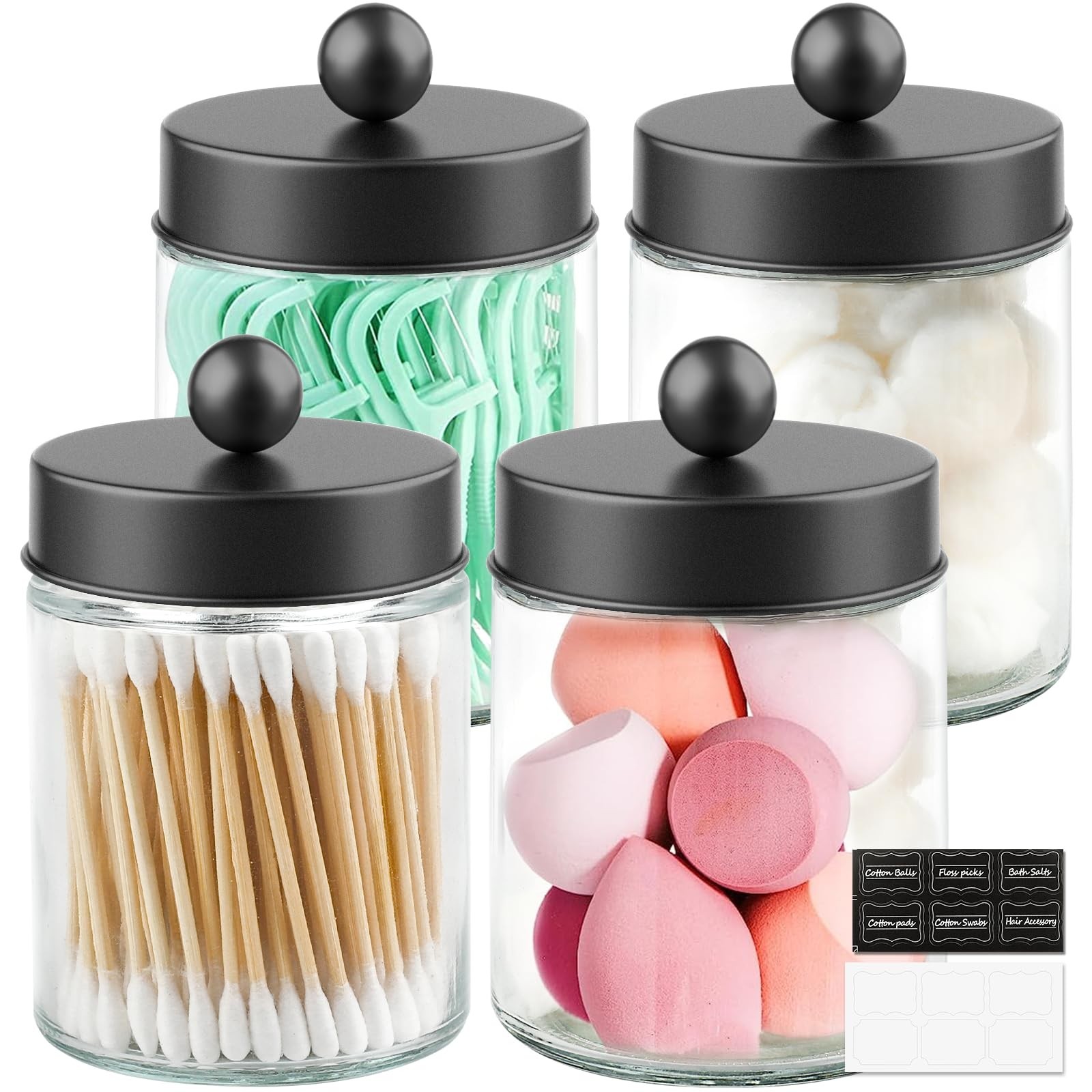 4 Pack Glass Apothecary Jars with Lids for Bathroom, Cute Qtip Holder, Black …