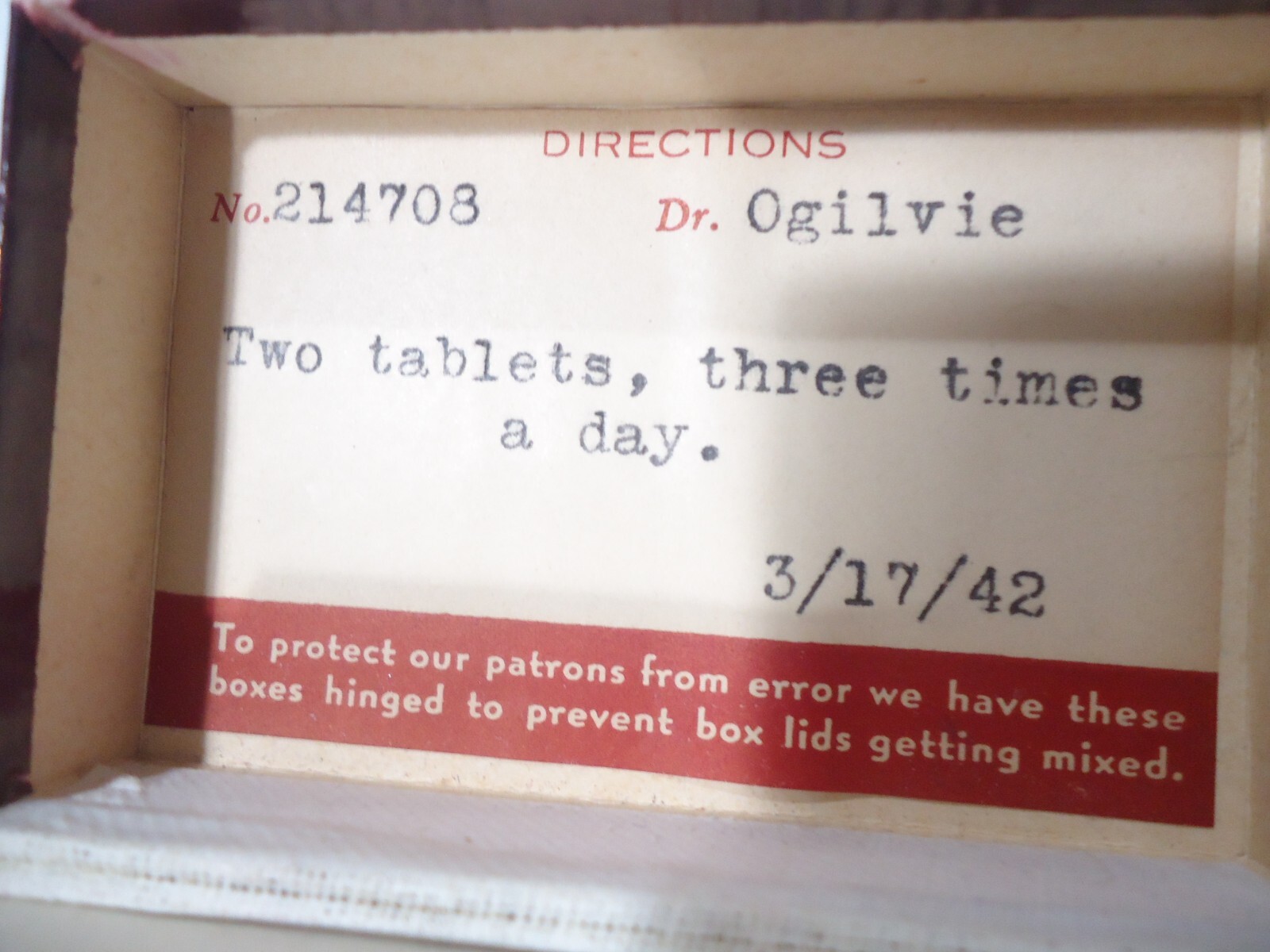 Cardboard MILLER’S PHARMACY Manistee Prescription Drug Pill Hinged Box .Ogilvie.