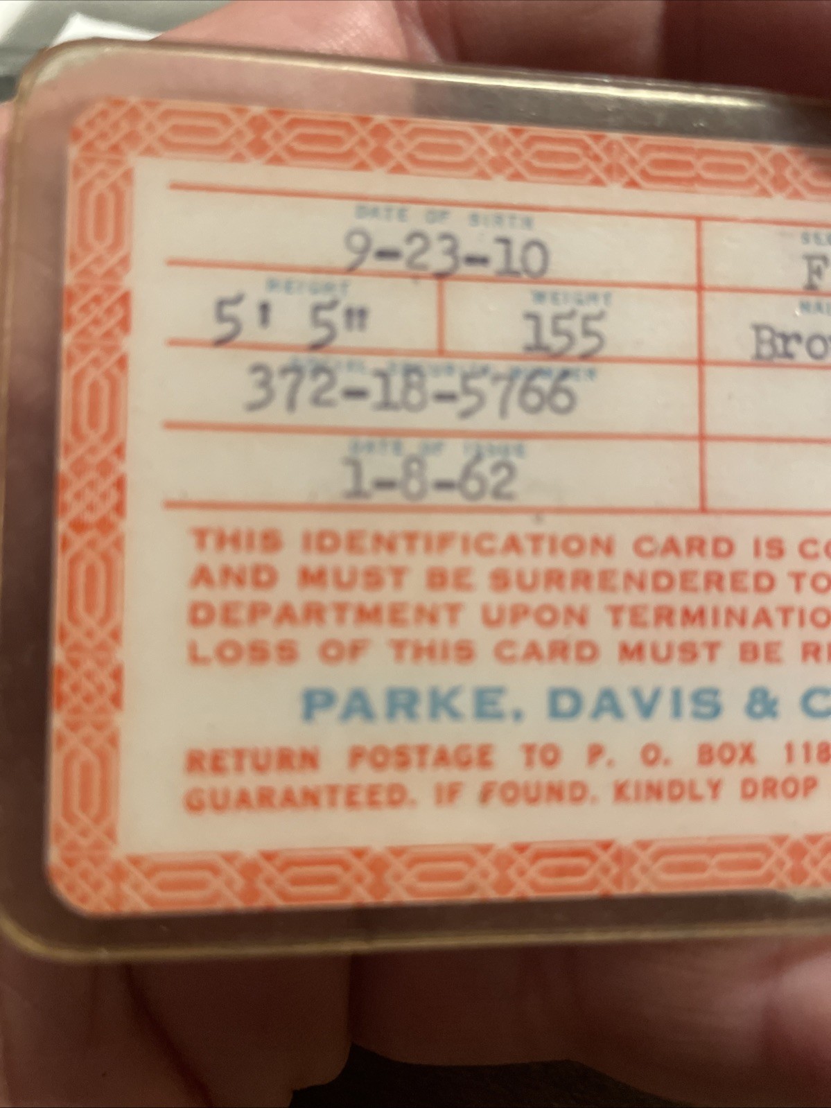 Rare Parke Davis And Company Employee ID Badge Medical Pharmaceutical 1960s