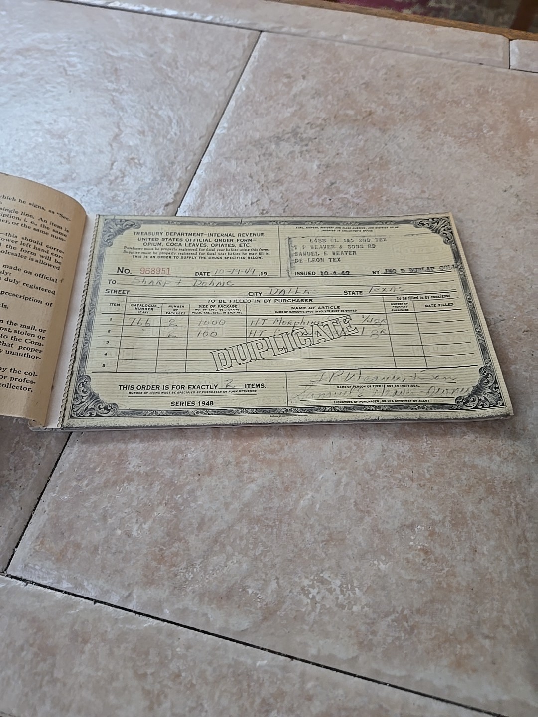 1948 US INTERNAL REVENUE BOOKLET OPIUM MORPHINE RARE TEXAS COMPLETE 10 SLIPS