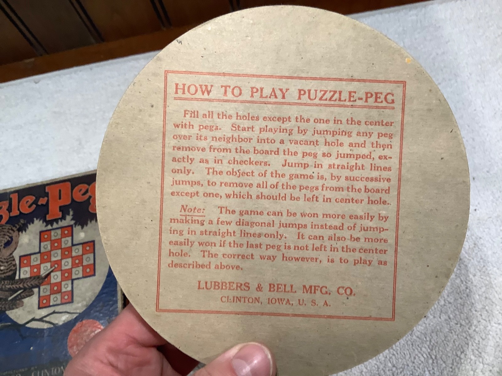 VTG 1920s Puzzle-Peg Game Lubbers & Bell Clinton Iowa Wood Board Pegs Booklet