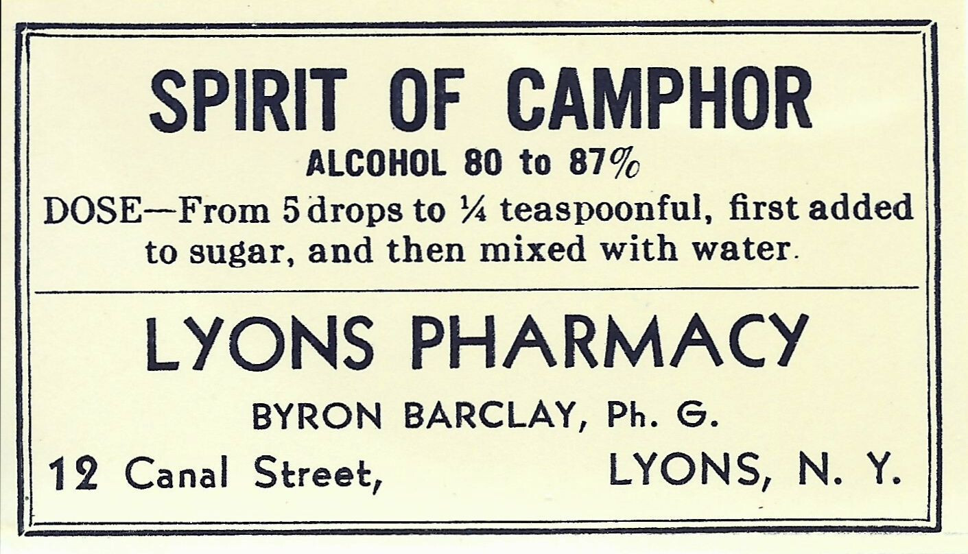 1 Vintage Pharmacy Label SPIRIT OF CAMPHOR Lyons Pharmacy Lyons New York