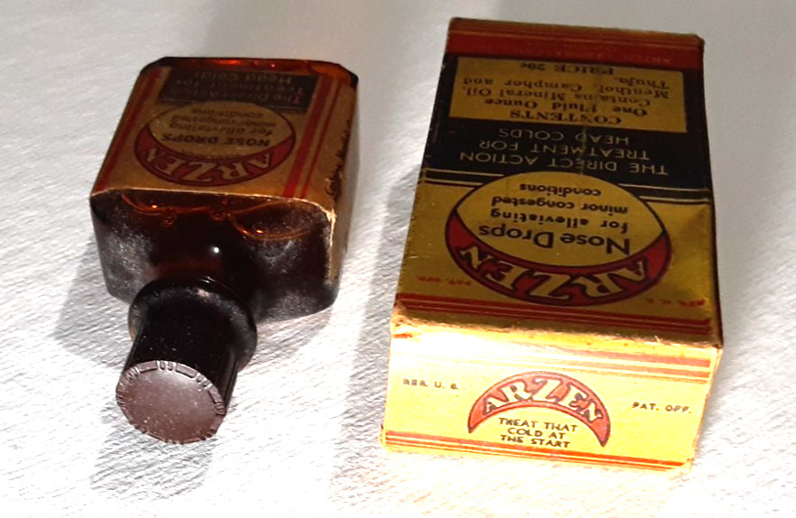 Vintage 1939 ARZEN NOSE DROPS Never-Used BOTTLE & BOX~Laboratories, CLINTON, IA.