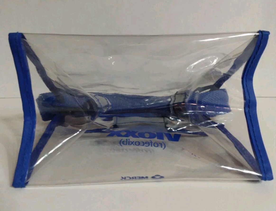 Vintage Vioxx Merck Plastic Vinyl Clear Bag Blue Hook And Loop Small Short Strap