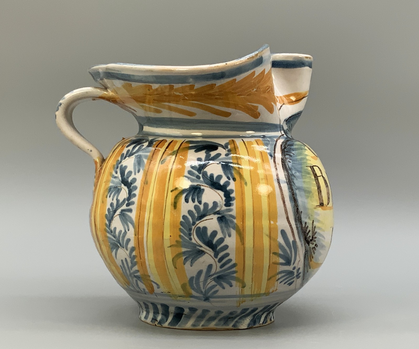 Italian Majolica Pharmacy Jug Polychrome, Mangonese & Yellow 19thC Delft Faience