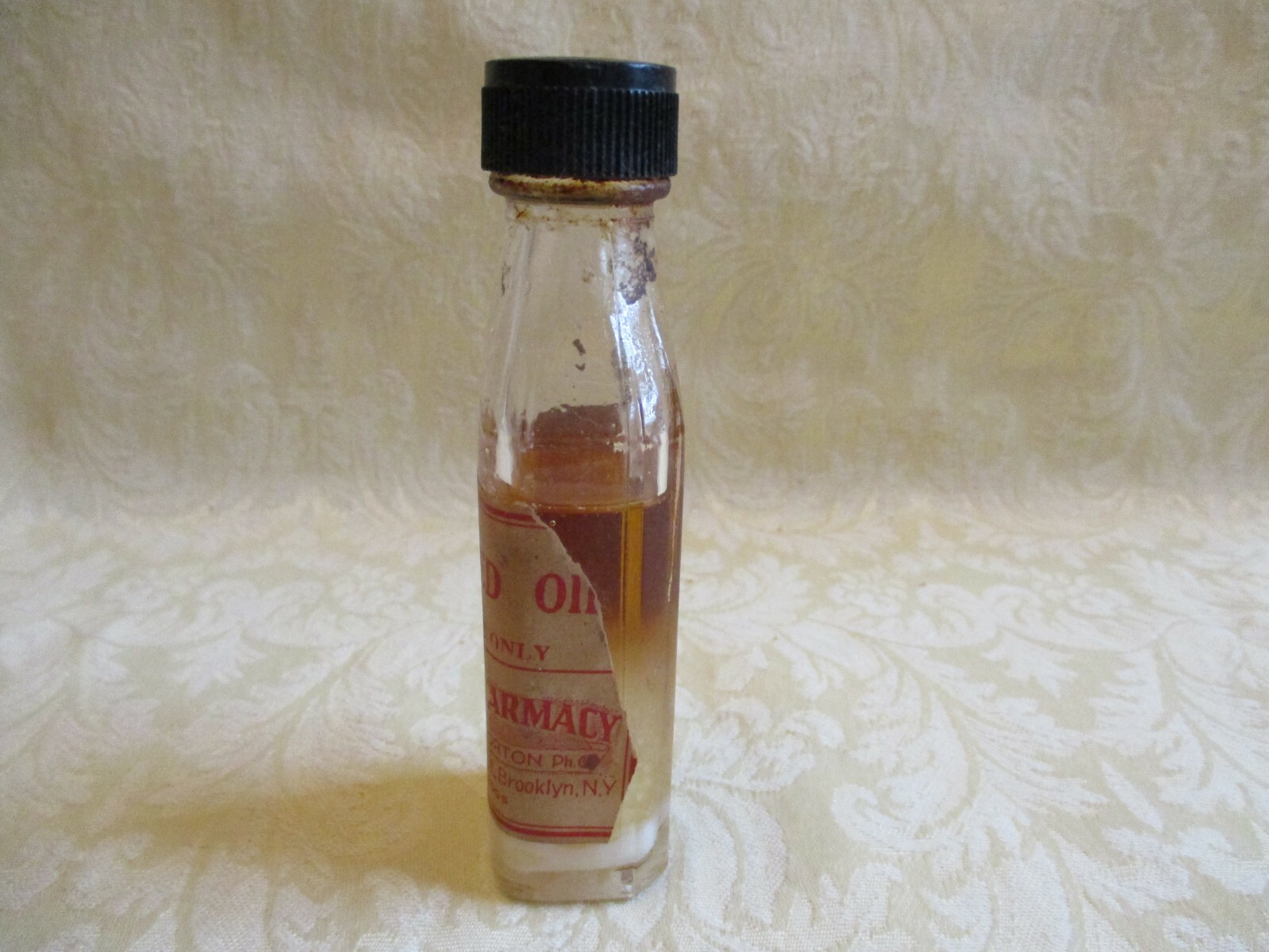 Vintage Morton’s Pharmacy Brooklyn, NY Camphorated Oil Small Glass Bottle