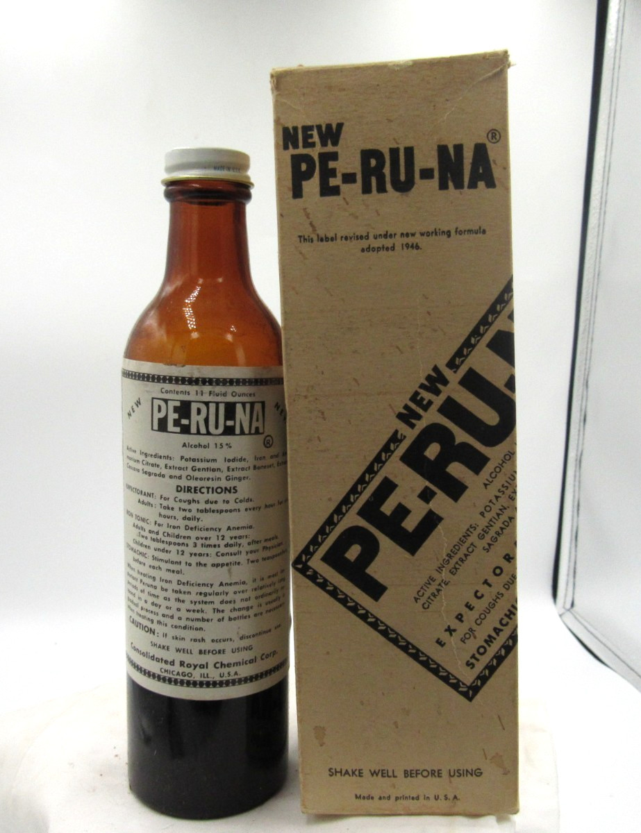BW – 1950’s Pe-Ru-Na Iron Tonic Chicago Ill 8 5/8 ” Amber Medicine bottle