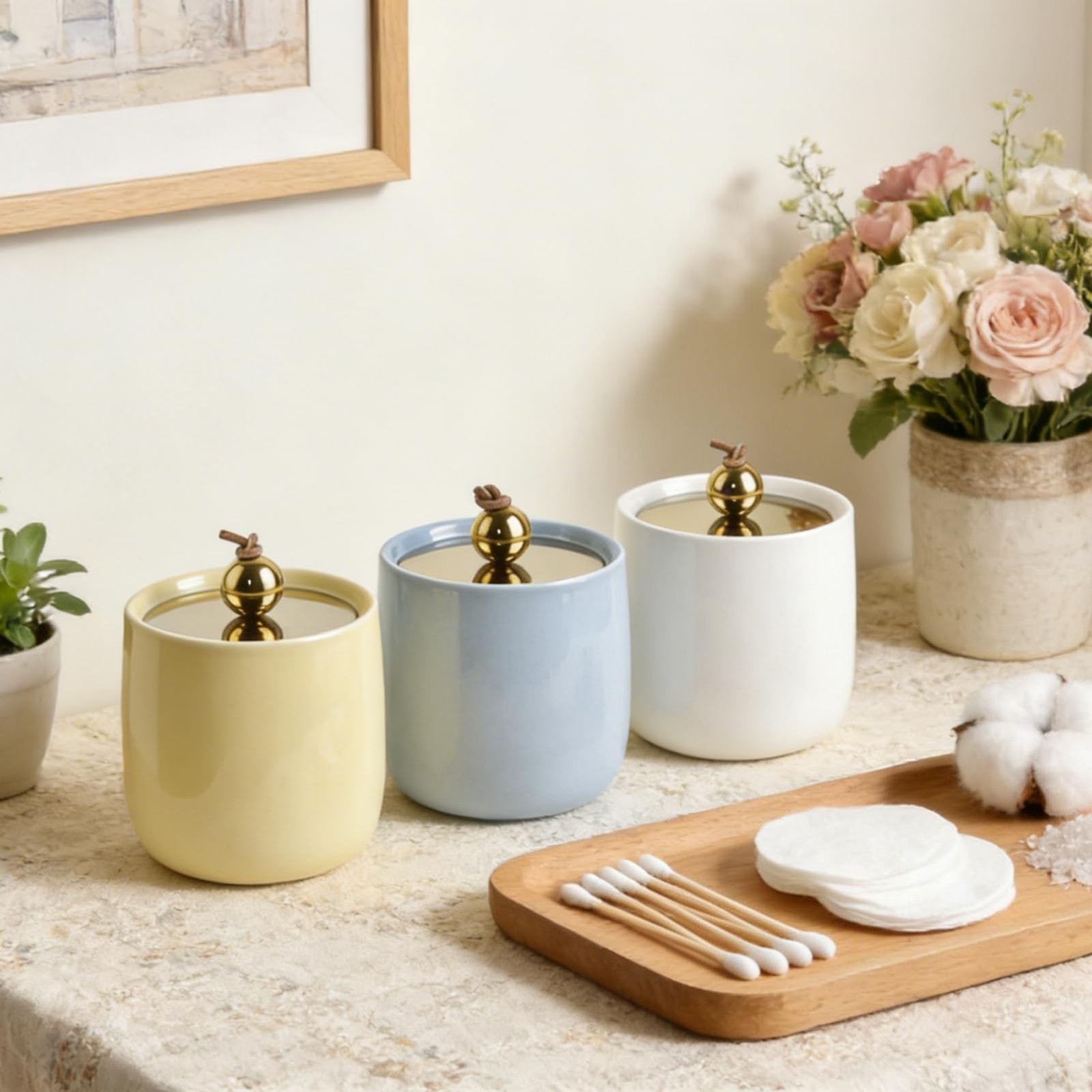 Ceramic Qtip Holder Dispenser with Gold Lids 2 Pack, Yellow Apothecary Jars B…