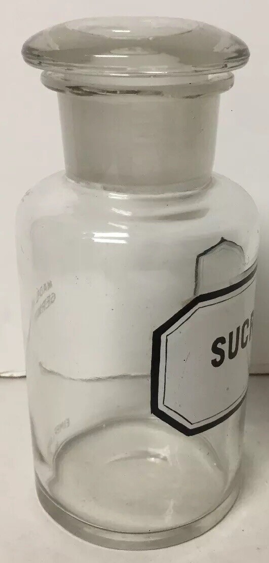 VTG APOTHECARY DRUGSTORE LABEL GLASS BOTTLE JAR GERMANY SUCROSE EIMER AMEND N.Y.