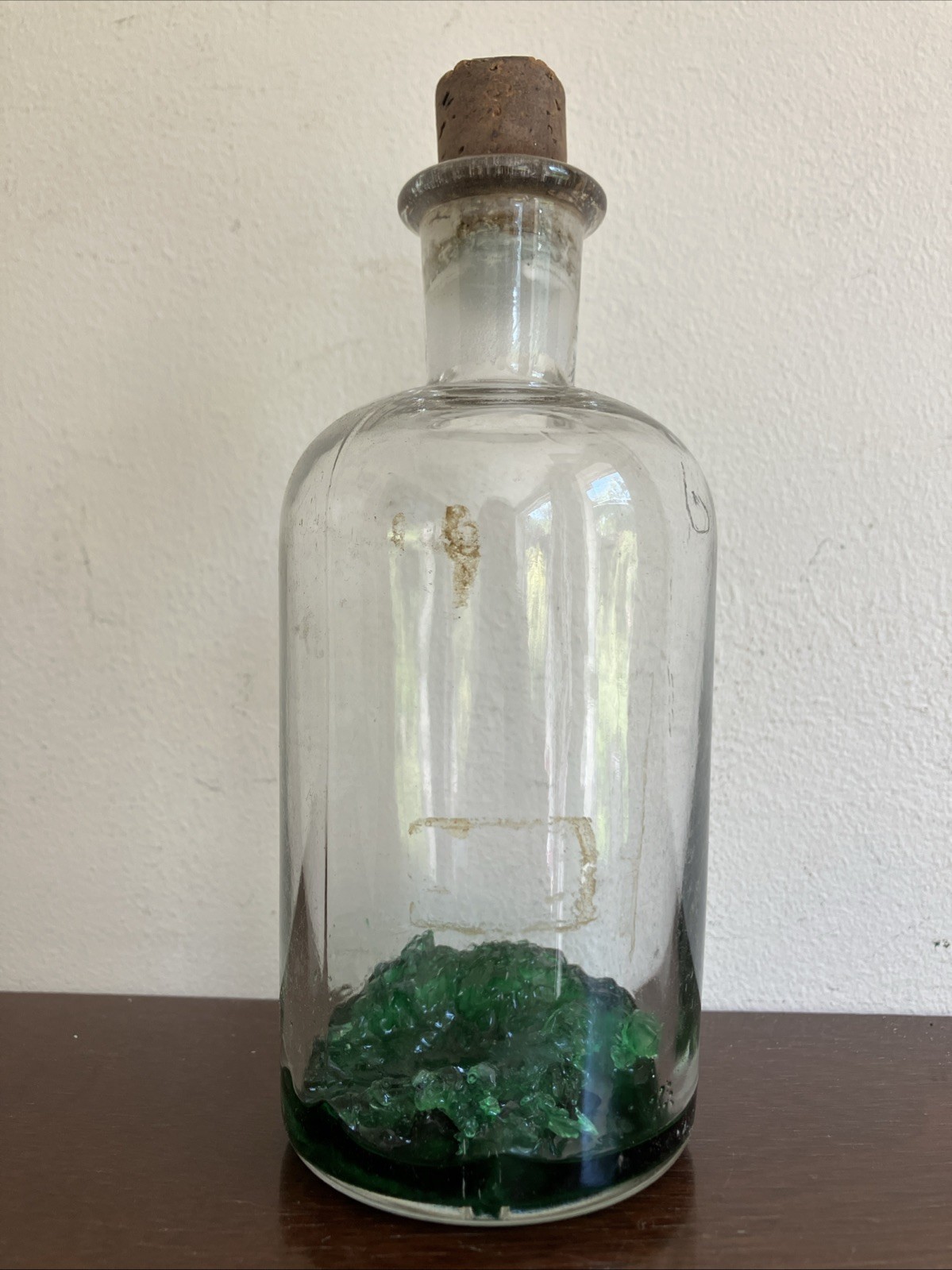 Antique Clear Glass Apothecary Bottle C1870, Green Stuff Inside! Cork Stopper