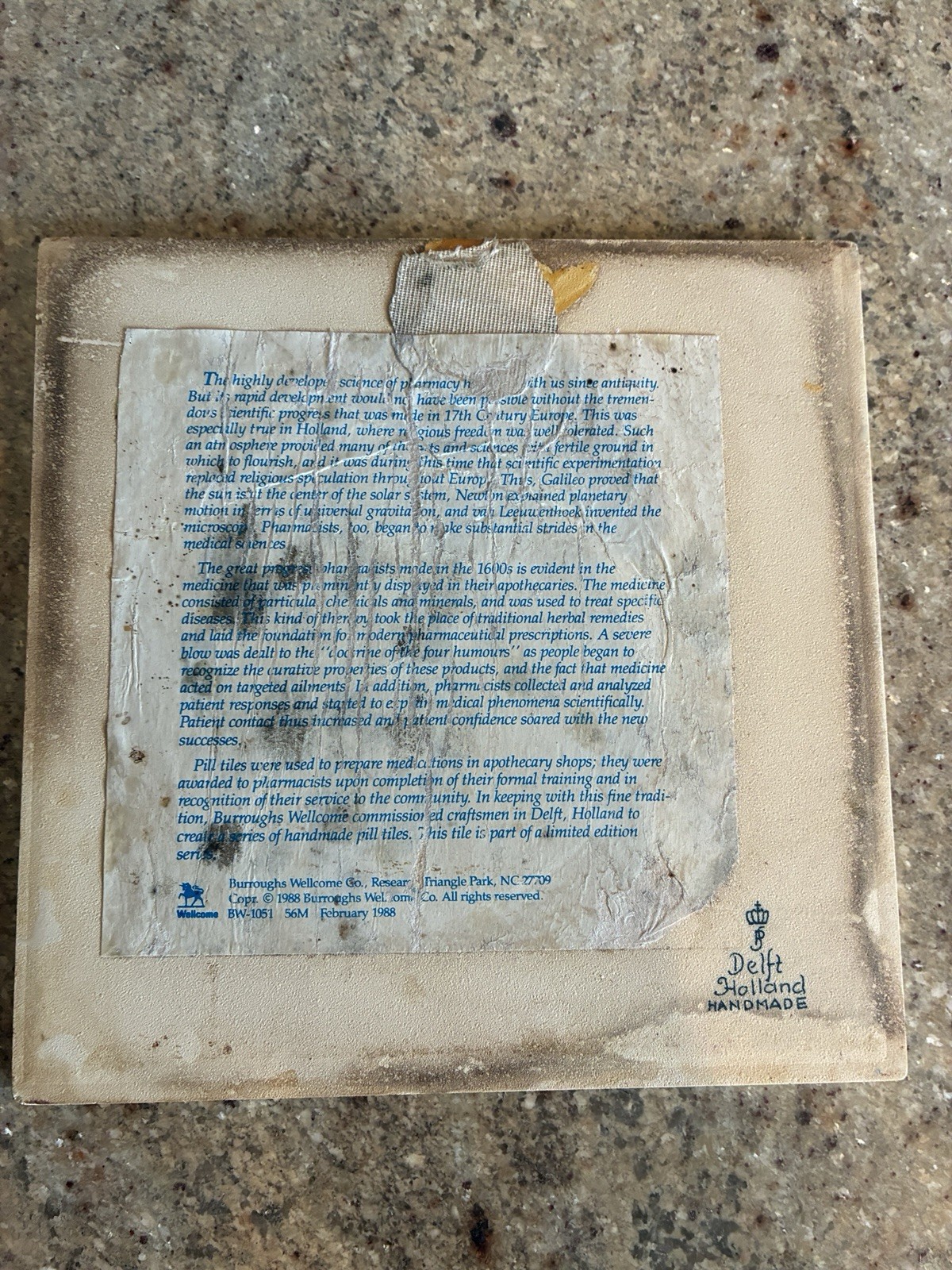 BURROUGHS WELLCOME CO. BLUE DELFT PHARMACY Handmade Tiles 6″x6″