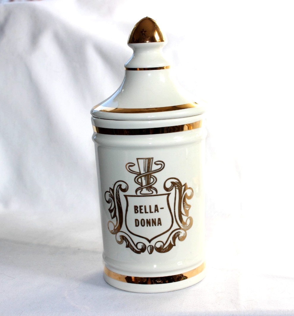 VINTAGE PHARMACY BELLA-DONNA APOTHECARY CANISTER JAR LID OWENS ILLINOIS