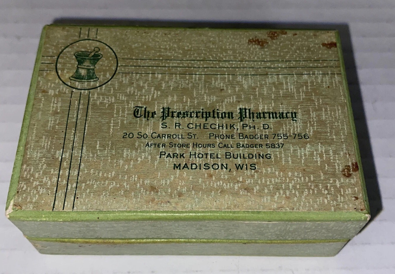 Vintage 1960s Prescription Pharmacy EMPTY Box Madison WI Chechik Park Hotel Prop