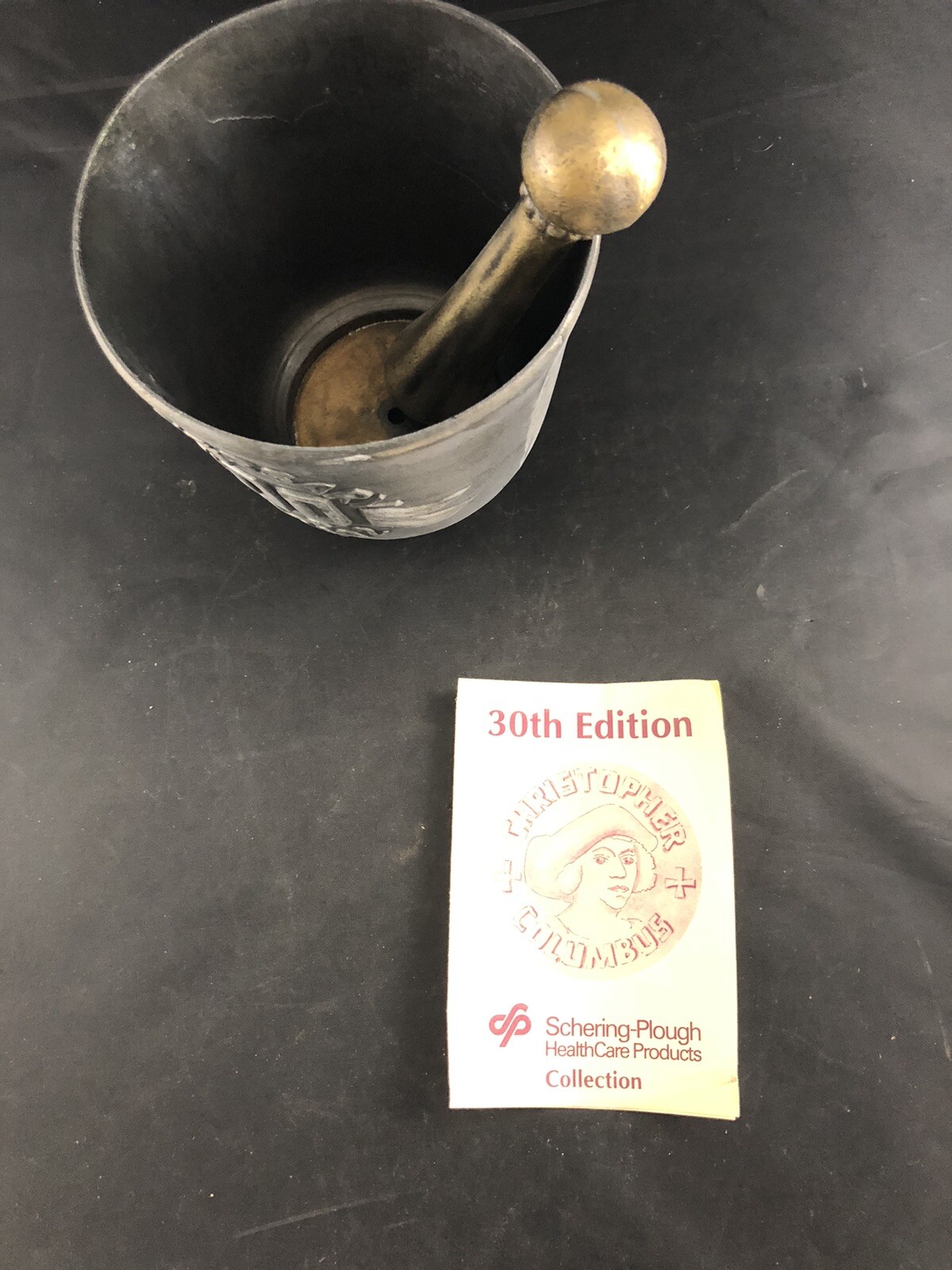 Vtg 1992 Schering metal Mortar and Pestle 30th Edition Christopher Columbus GS6