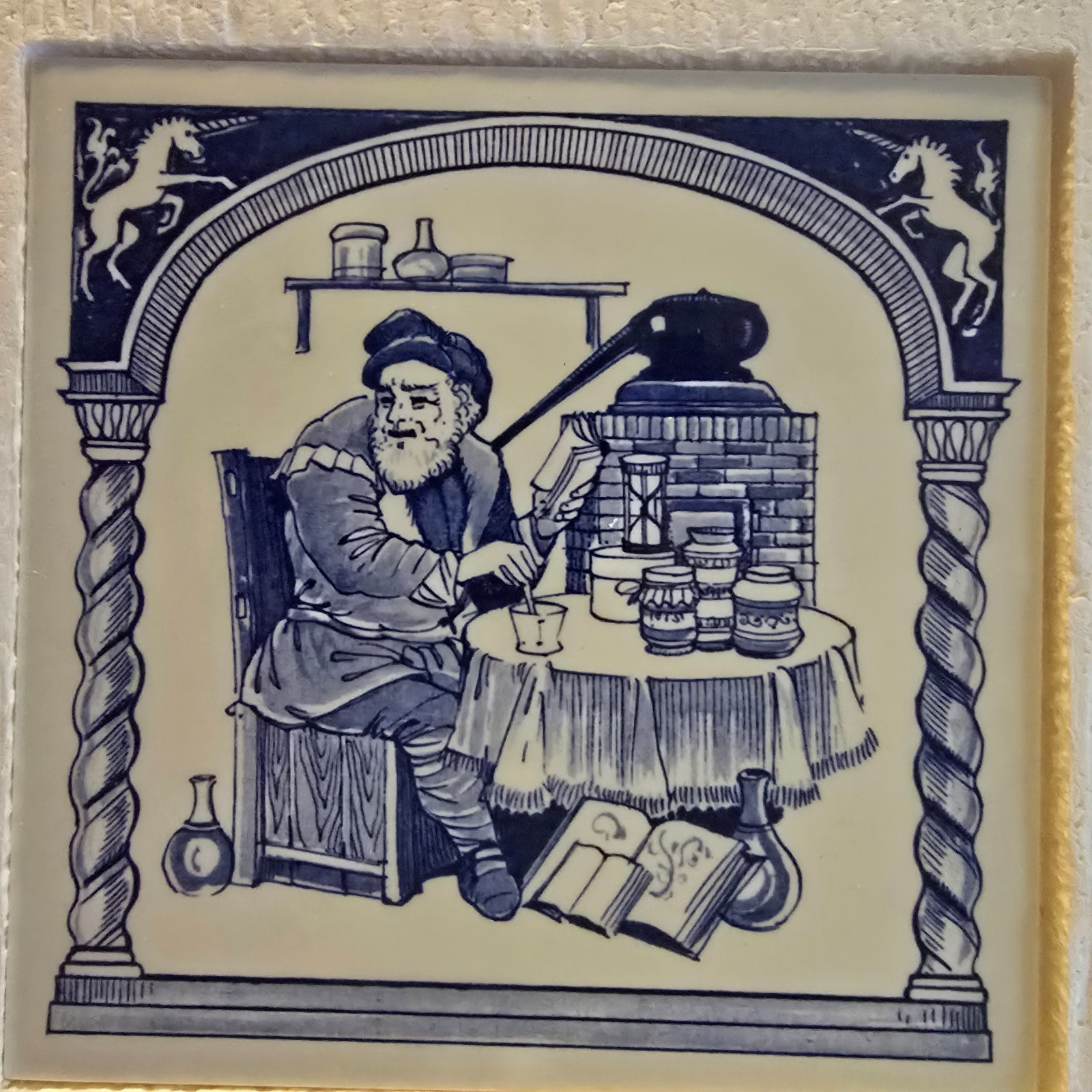9x Vintage 1980s Delft Holland Burroughs Welcome Apothecary Crest Tiles, 6″ x 6″