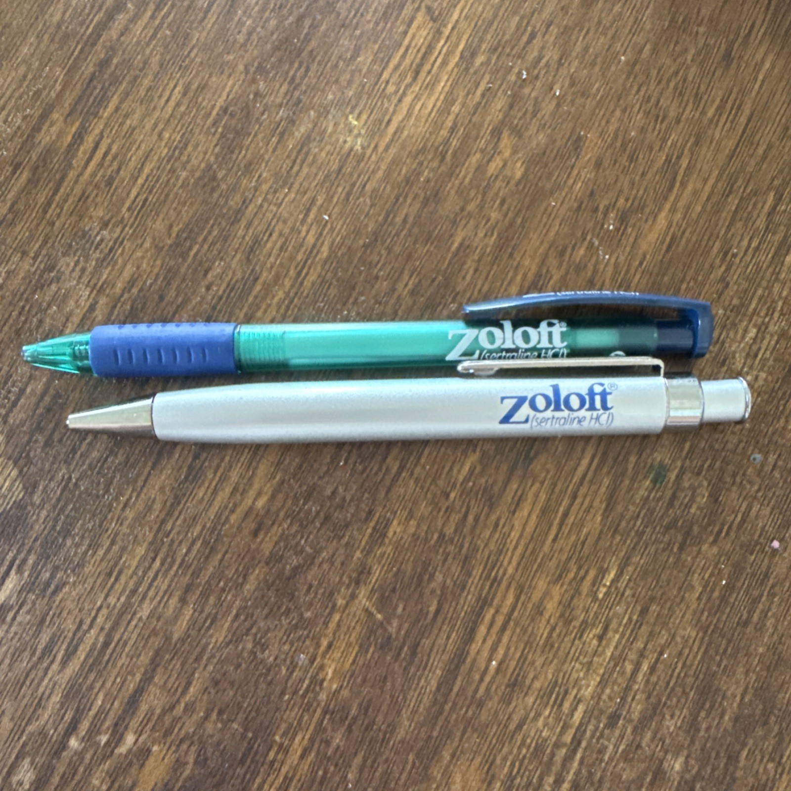 2 Vintage Zoloft Promo Pen Pharmaceutical Drug Rep Metal Click Plastic Working