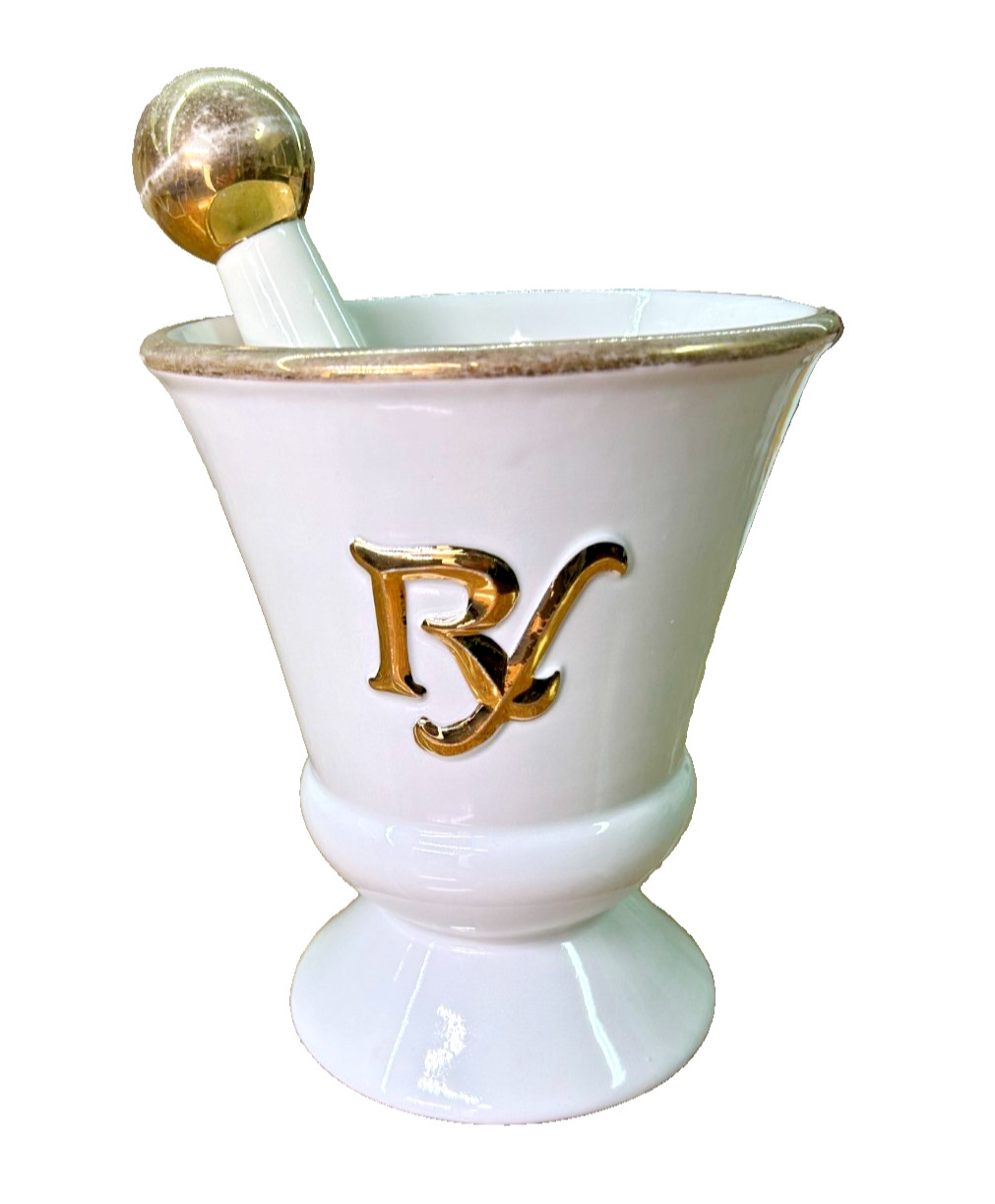 Vintage Owens-Illinois Porcelain Pharmacy Apothecary Mortar & Pestle Set Gold Rx