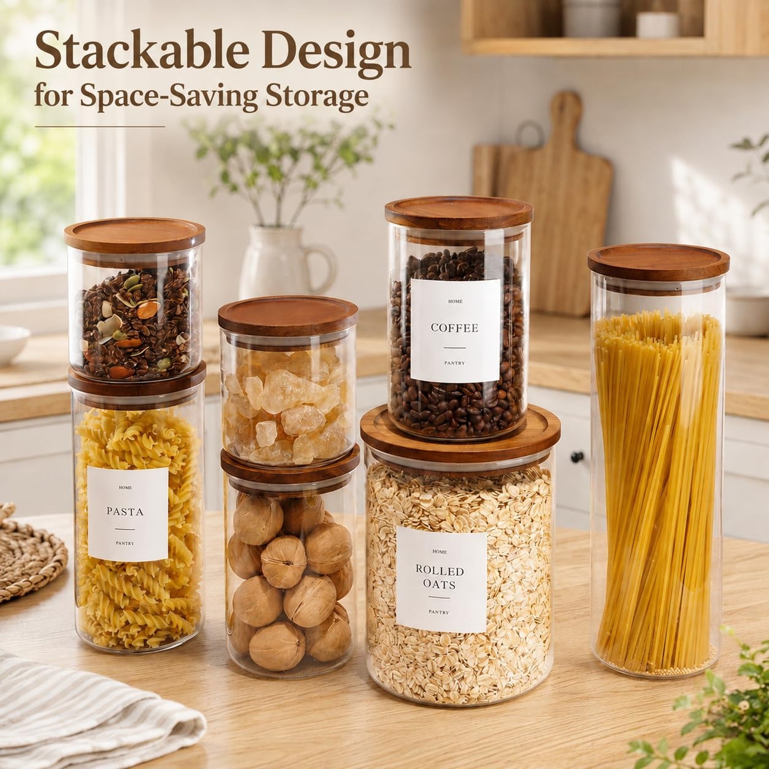 Set of 3 Glass Pantry Jars with Acacia Wood Lids, 45oz Airtight Glass Kitchen…