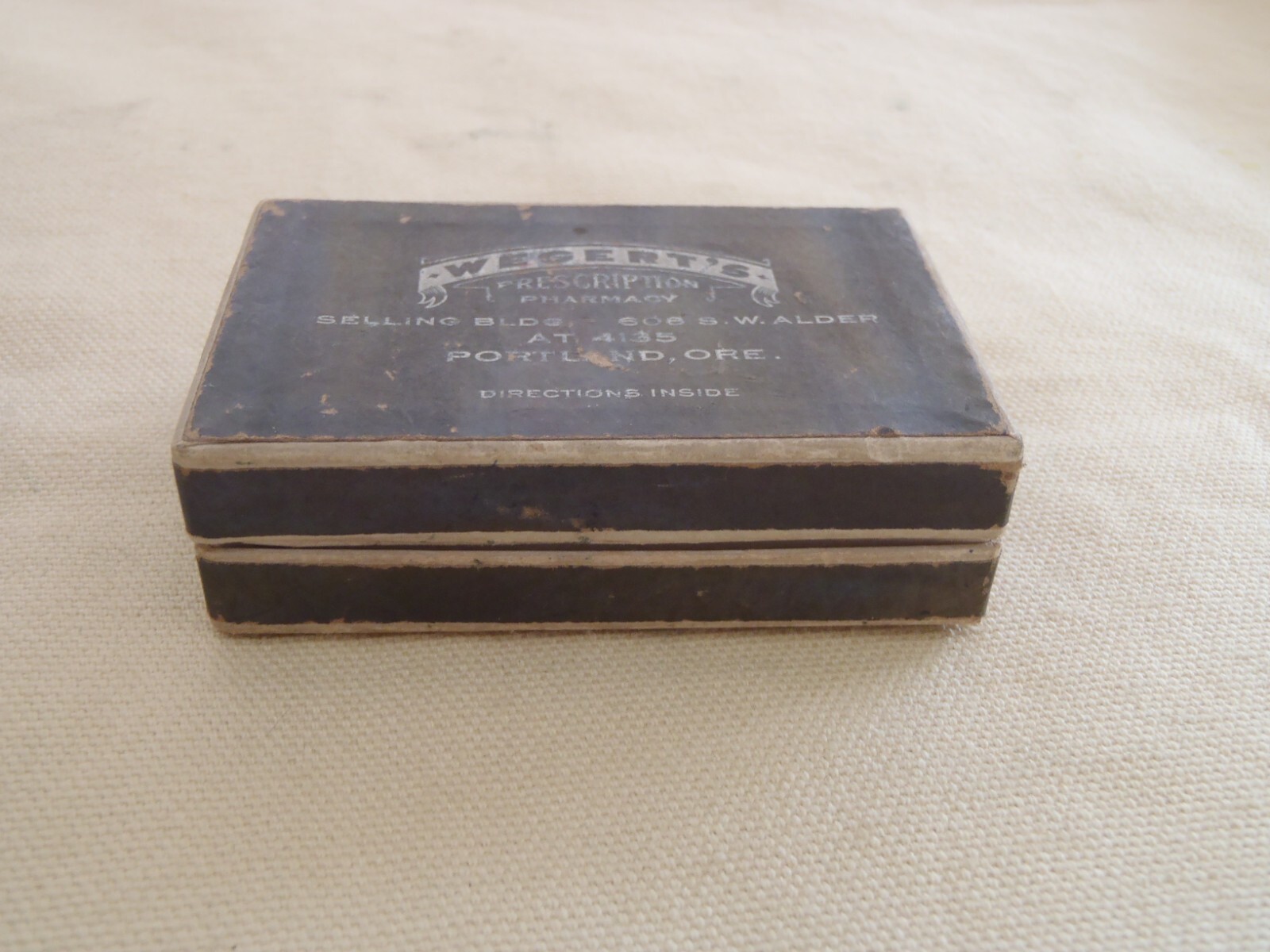 Vintage Wegert’s Pharmacy prescription pills cardboard Box Portland OR.