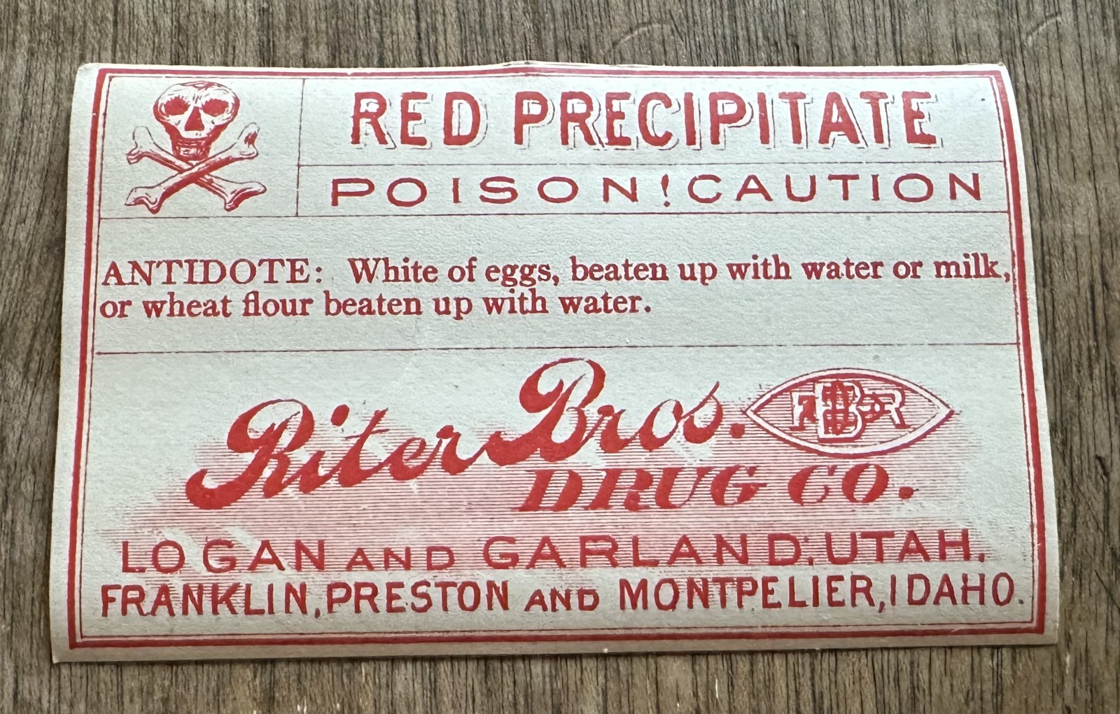 antique POISON LABELS RITER BROS DRUGSTORES UTAH & IDAHO lot of 5